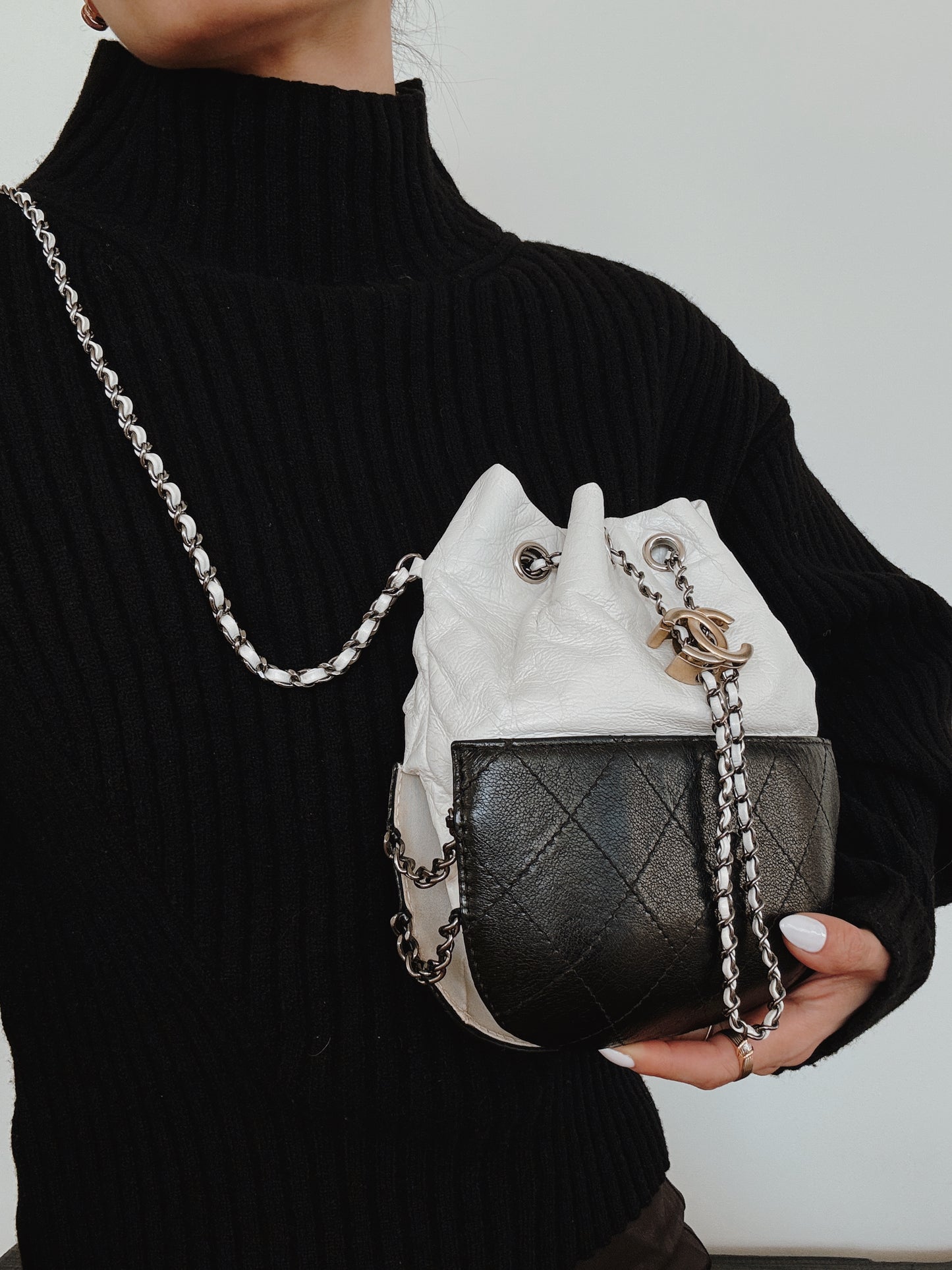 CHANEL Aged Calfskin Quilted Gabrielle Bucket Bag - White & Black