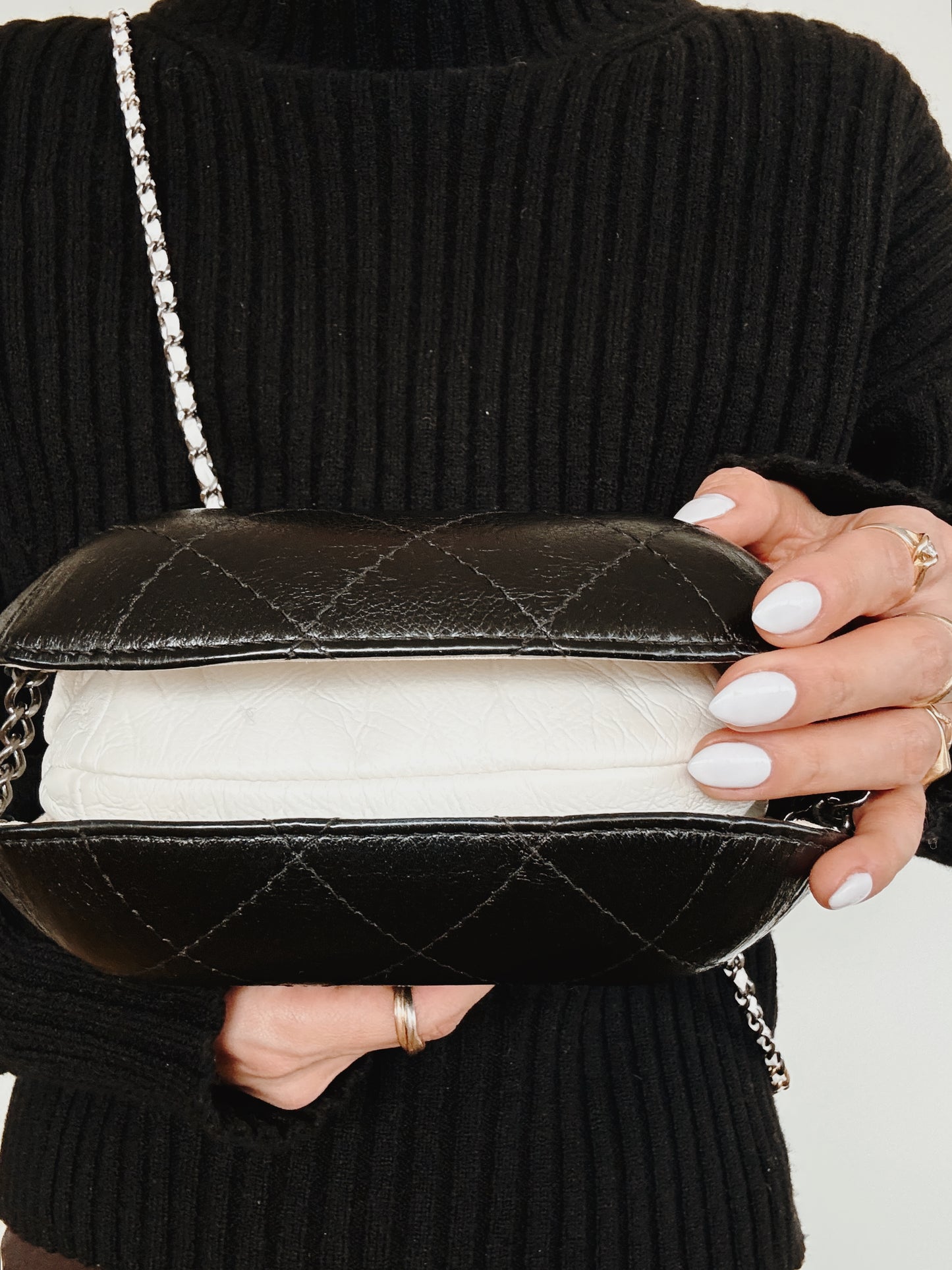 CHANEL Aged Calfskin Quilted Gabrielle Bucket Bag - White & Black