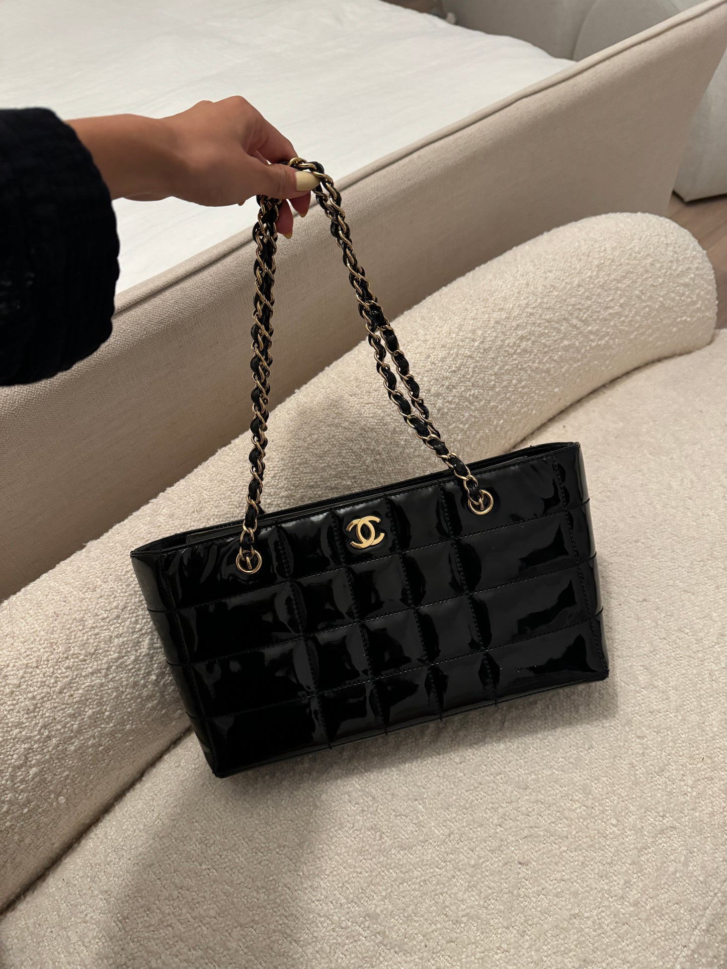 CHANEL Chocolate Bar Black Patent Quilted Leather Bag
