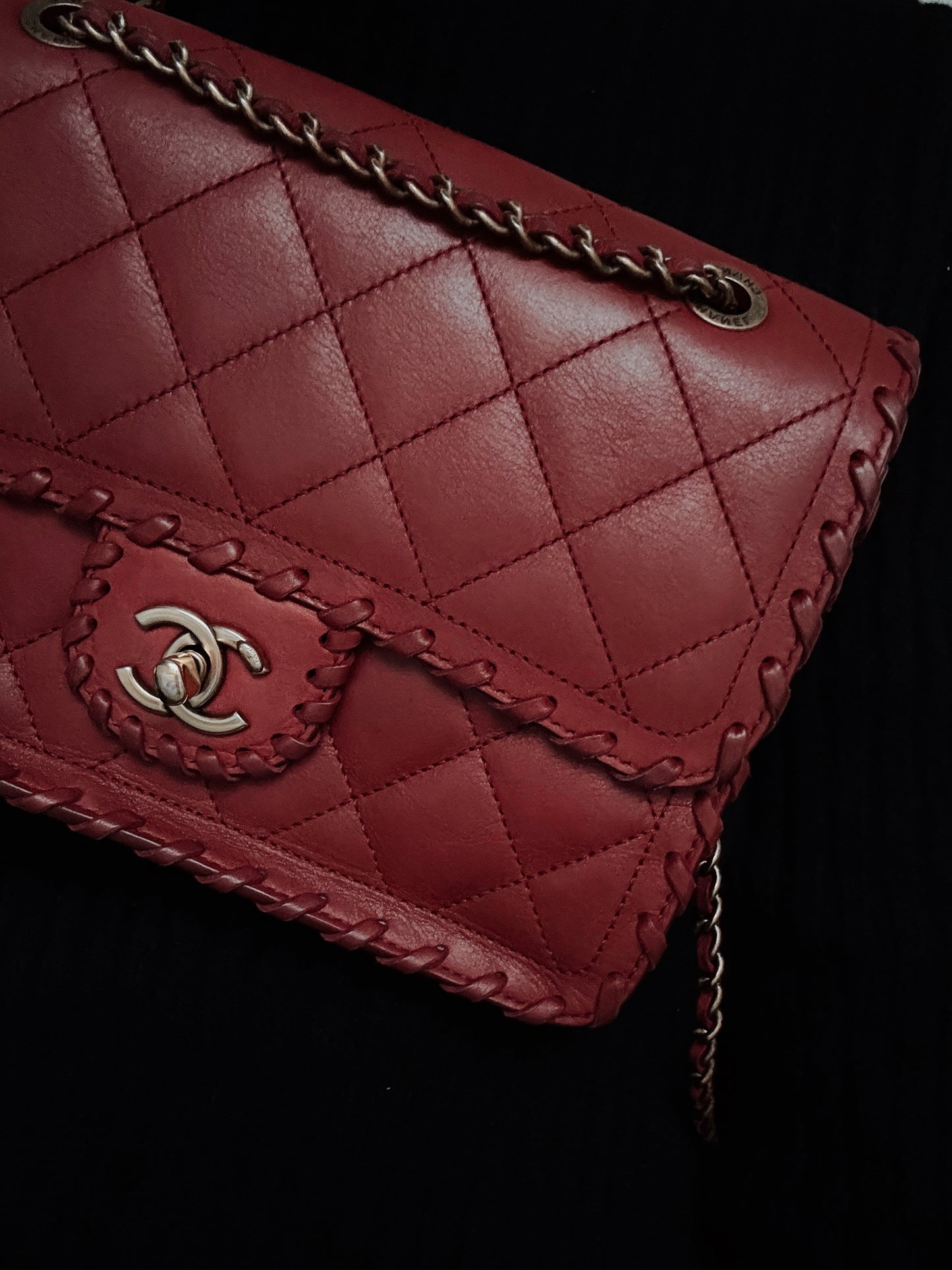 CHANEL Happy Stitch Quilted Red Calfskin Leather Shoulder Bag