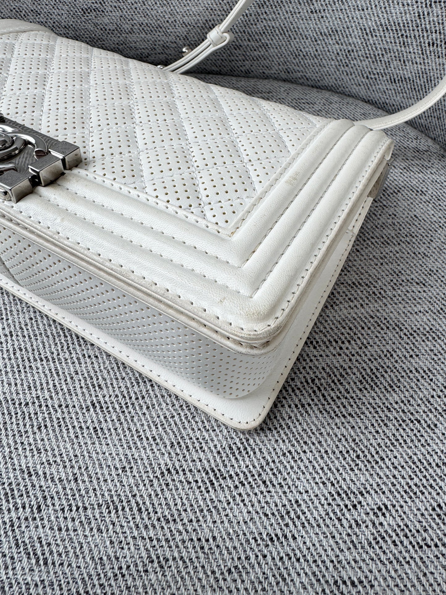 CHANEL Medium Boy Bag in White Perforated Lambskin Leather