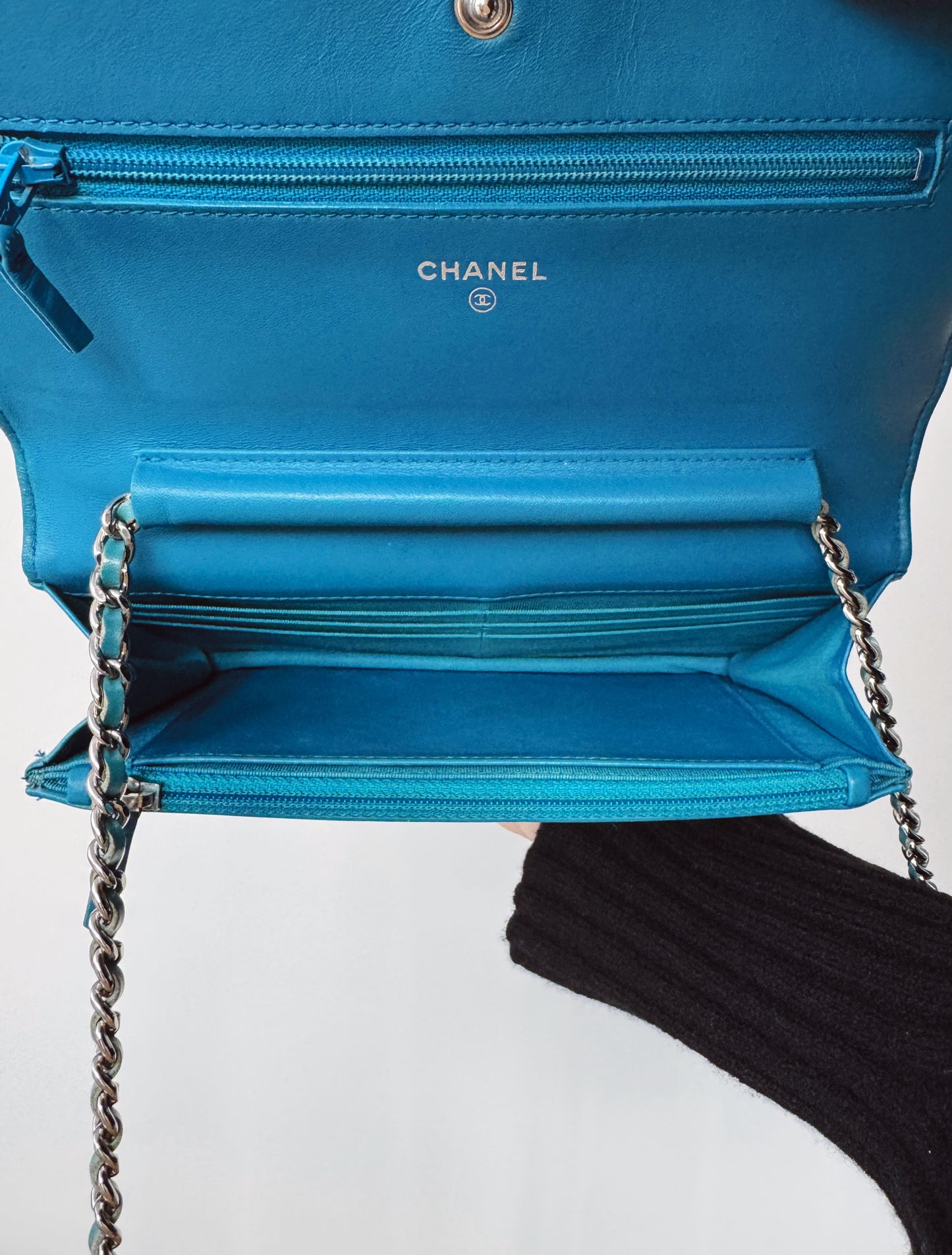 CHANEL Blue Patent Leather Quilted Wallet on Chain (WOC)