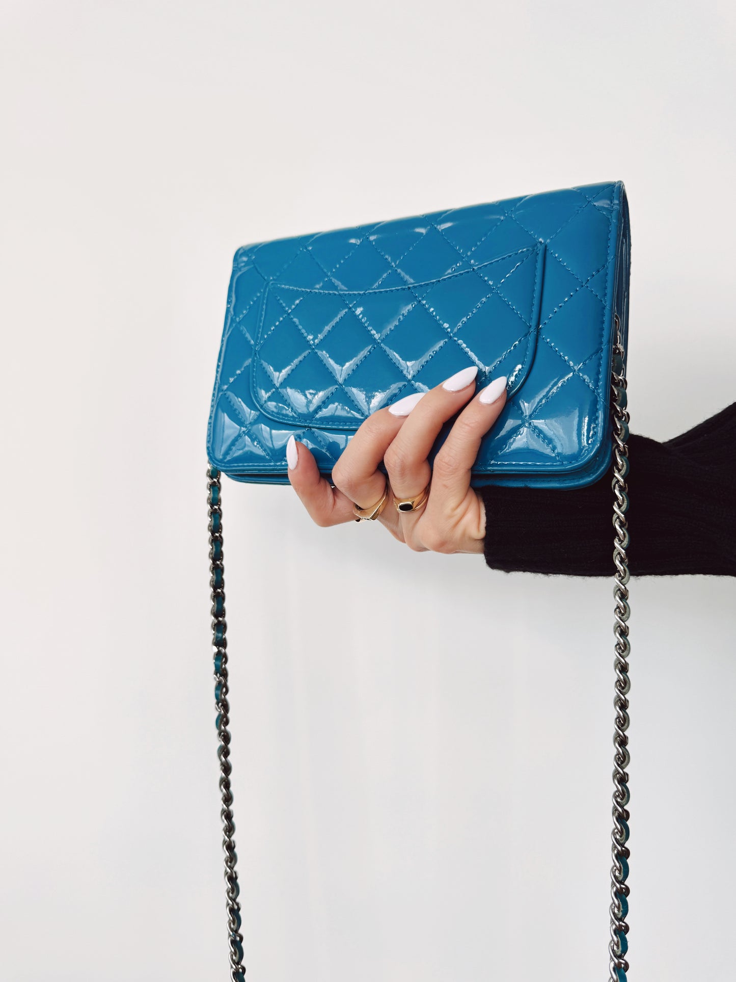 CHANEL Blue Patent Leather Quilted Wallet on Chain (WOC)