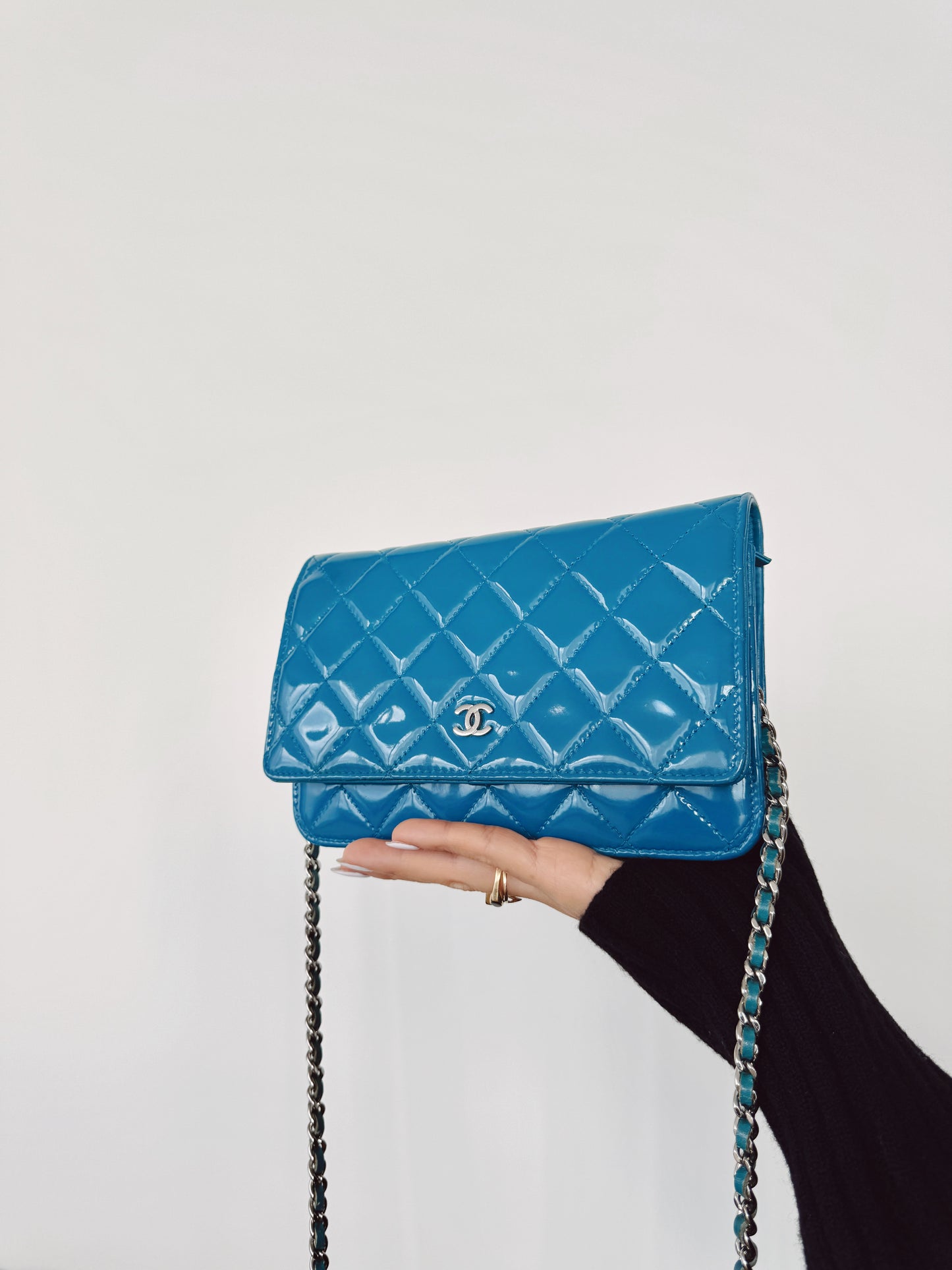 CHANEL Blue Patent Leather Quilted Wallet on Chain (WOC)
