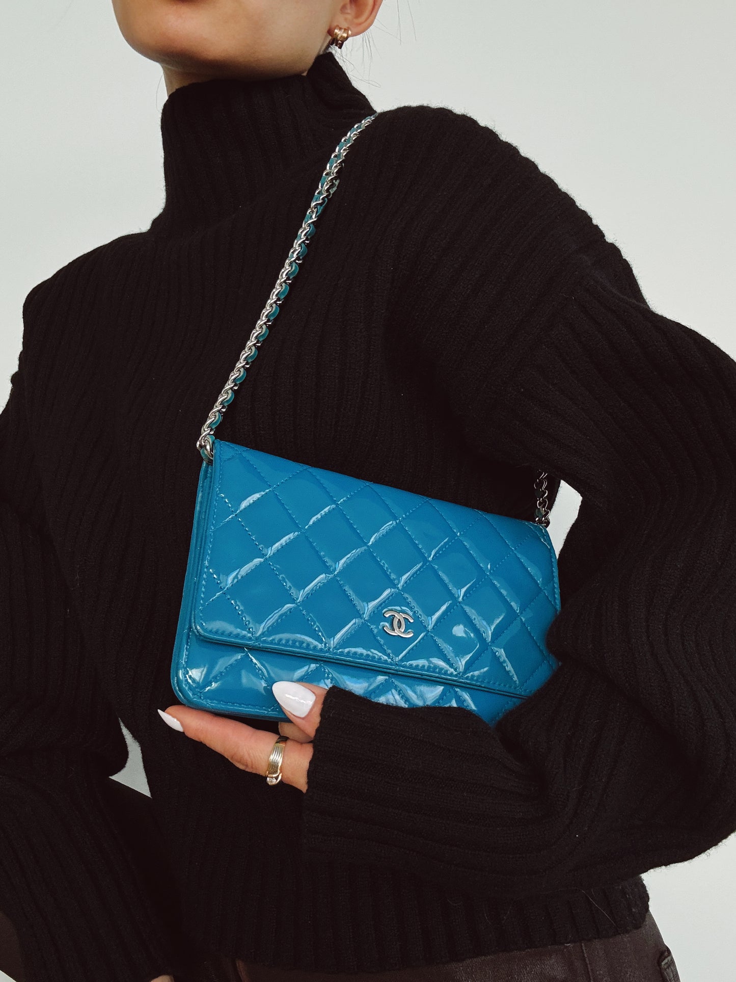 CHANEL Blue Patent Leather Quilted Wallet on Chain (WOC)