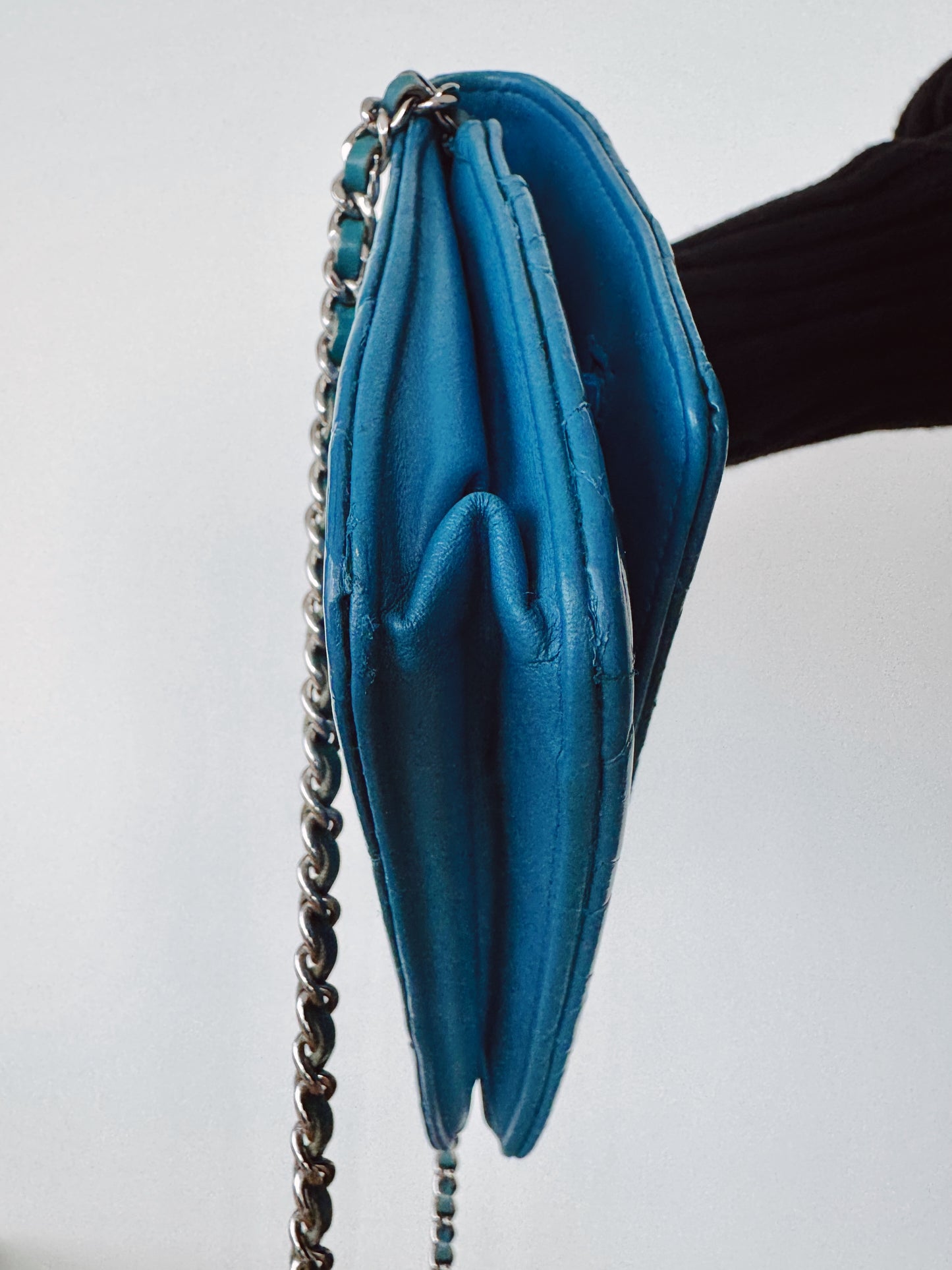 CHANEL Blue Patent Leather Quilted Wallet on Chain (WOC)