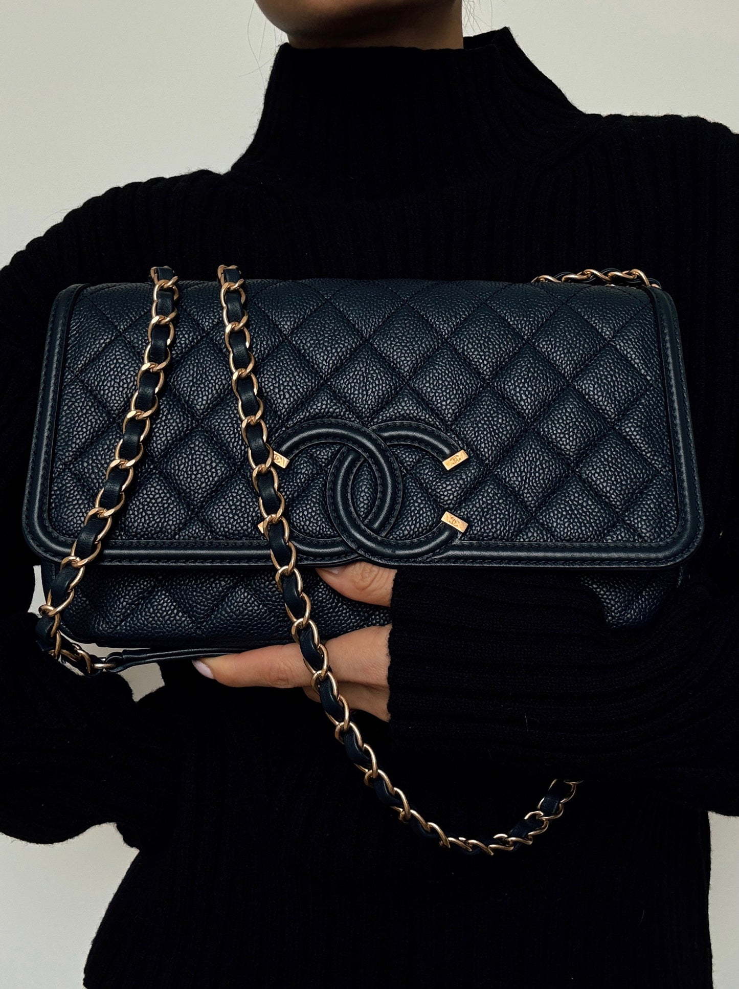 CHANEL Filigree Medium Flap Quilted Caviar Bag