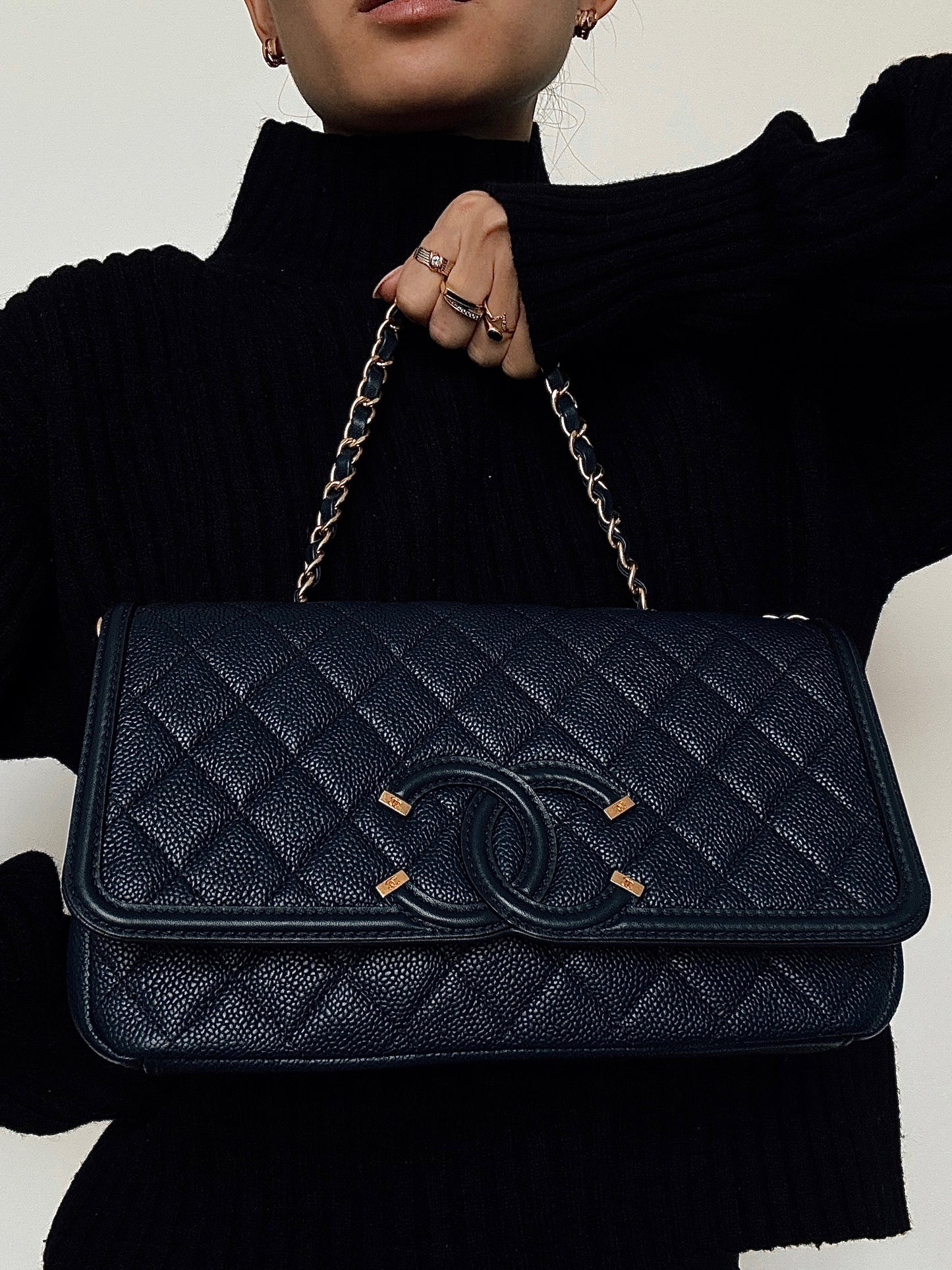 CHANEL Filigree Medium Flap Quilted Caviar Bag