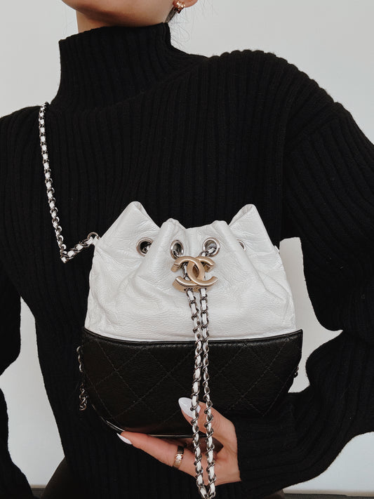 CHANEL Aged Calfskin Quilted Gabrielle Bucket Bag - White & Black