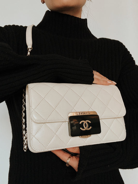 CHANEL Beauty Lock Quilted Cream Sheepskin Leather Shoulder Bag 