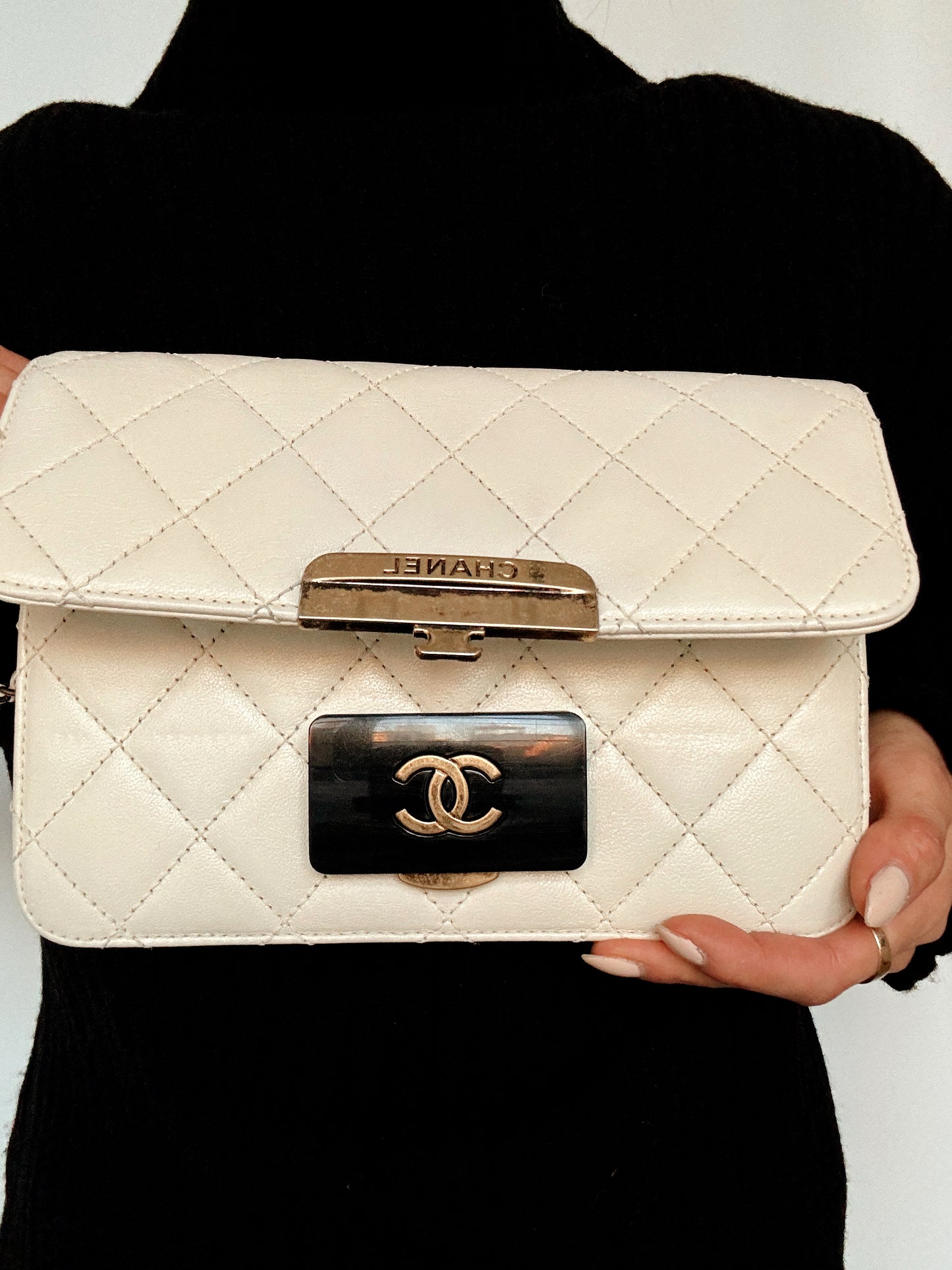 CHANEL Beauty Lock Quilted Cream Sheepskin Leather Shoulder Bag 