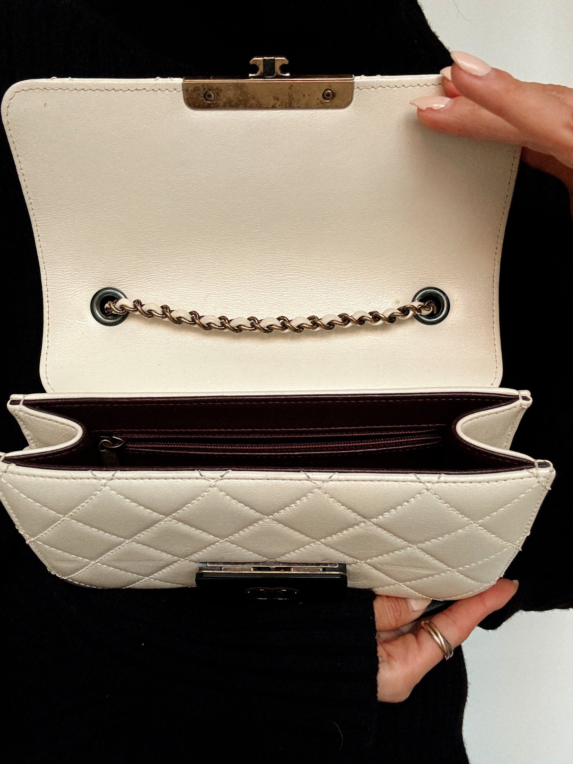 CHANEL Beauty Lock Quilted Cream Sheepskin Leather Shoulder Bag 