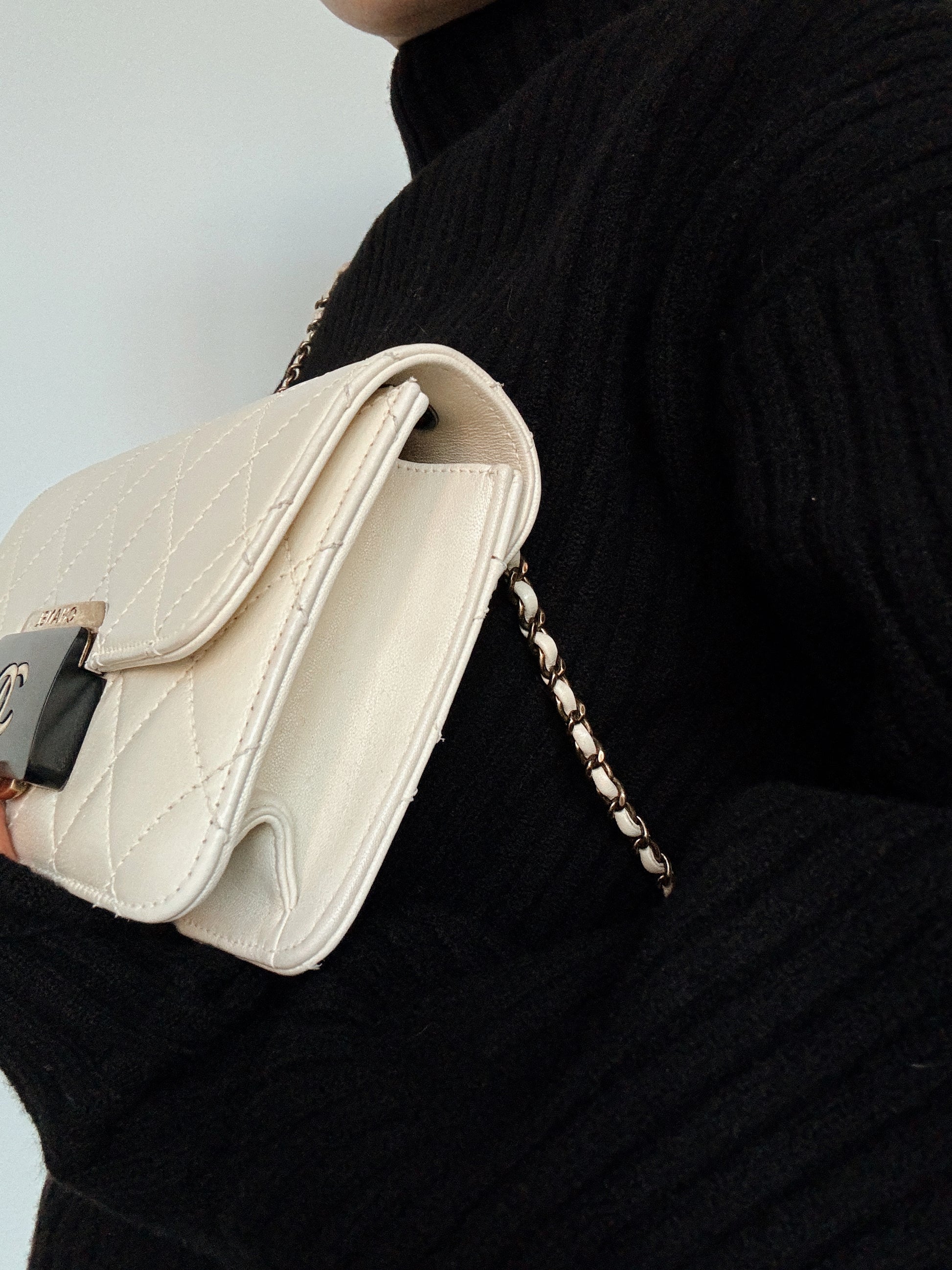 CHANEL Beauty Lock Quilted Cream Sheepskin Leather Shoulder Bag 