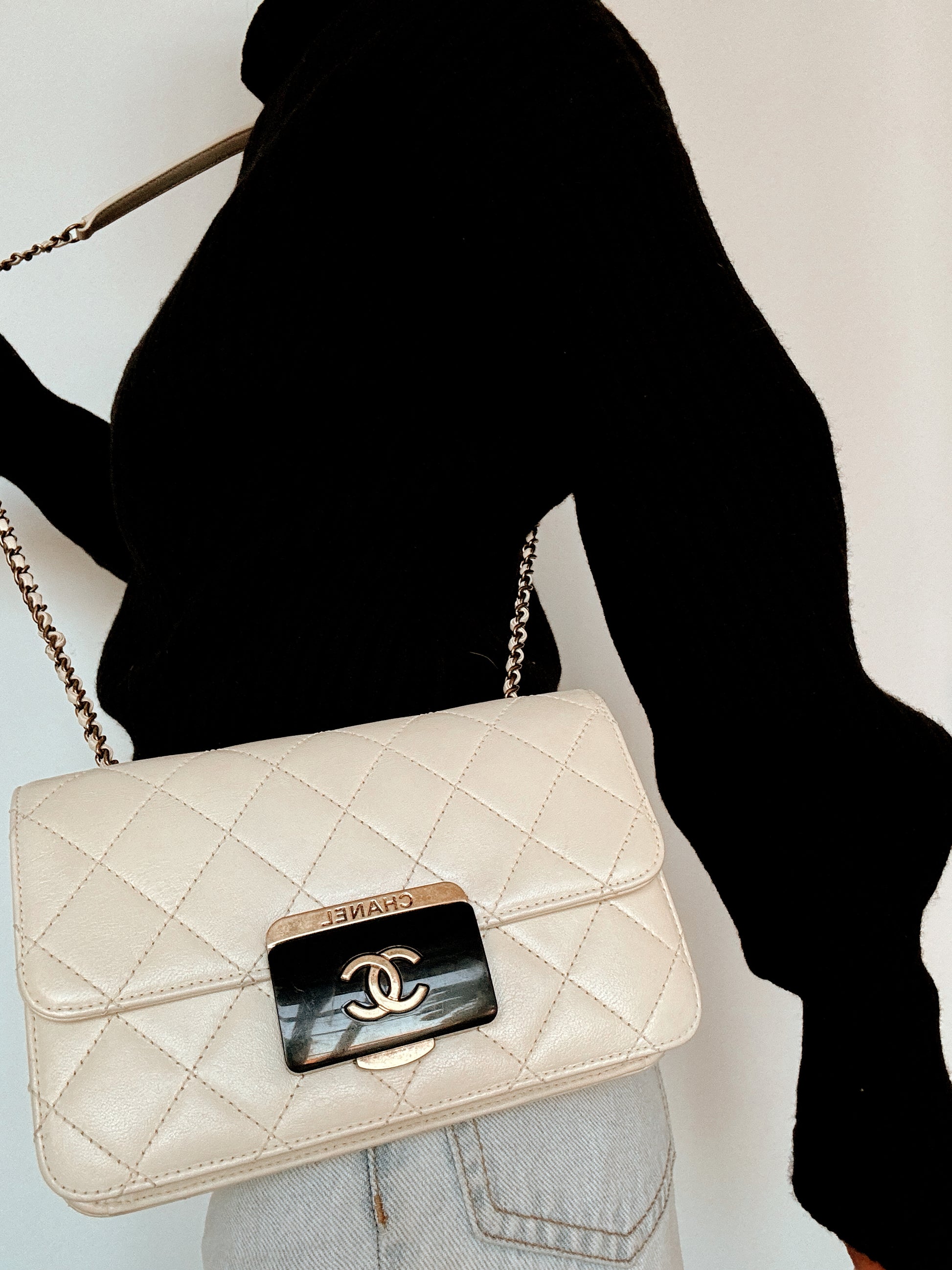 CHANEL Beauty Lock Quilted Cream Sheepskin Leather Shoulder Bag 