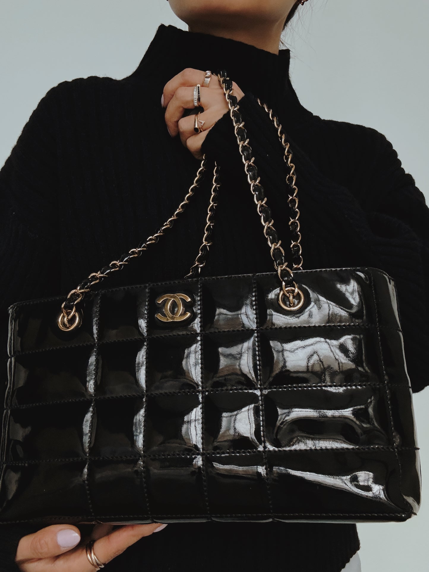 CHANEL Chocolate Bar Black Patent Quilted Leather Bag