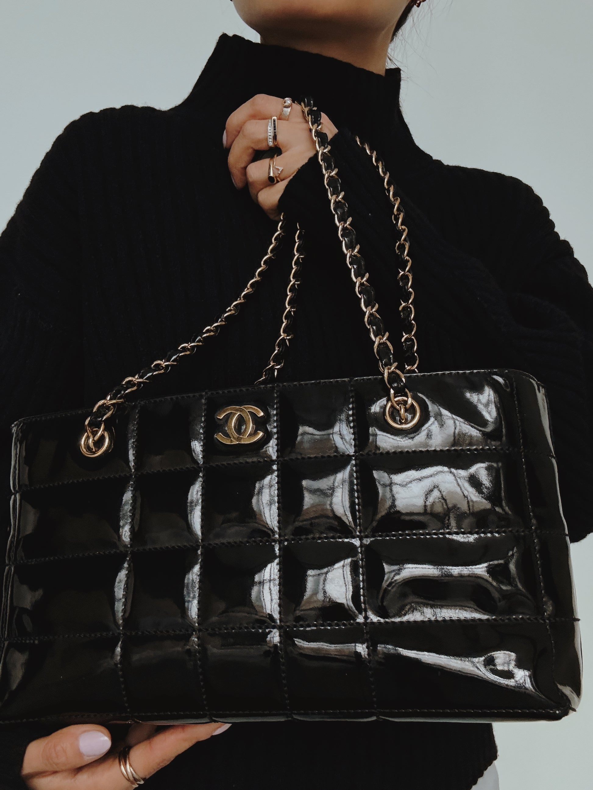 CHANEL Chocolate Bar Black Patent Quilted Leather Bag