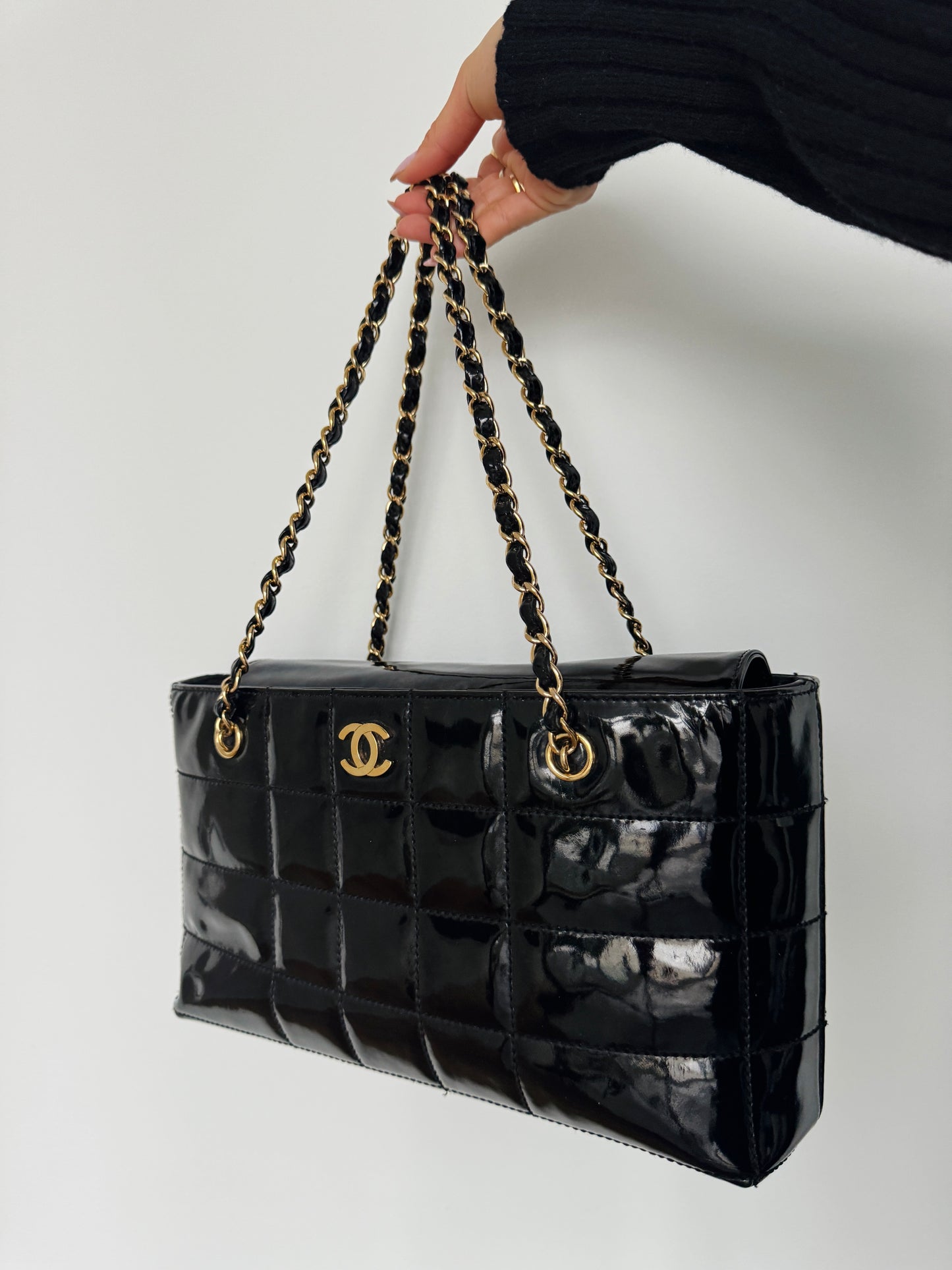 CHANEL Chocolate Bar Black Patent Quilted Leather Bag