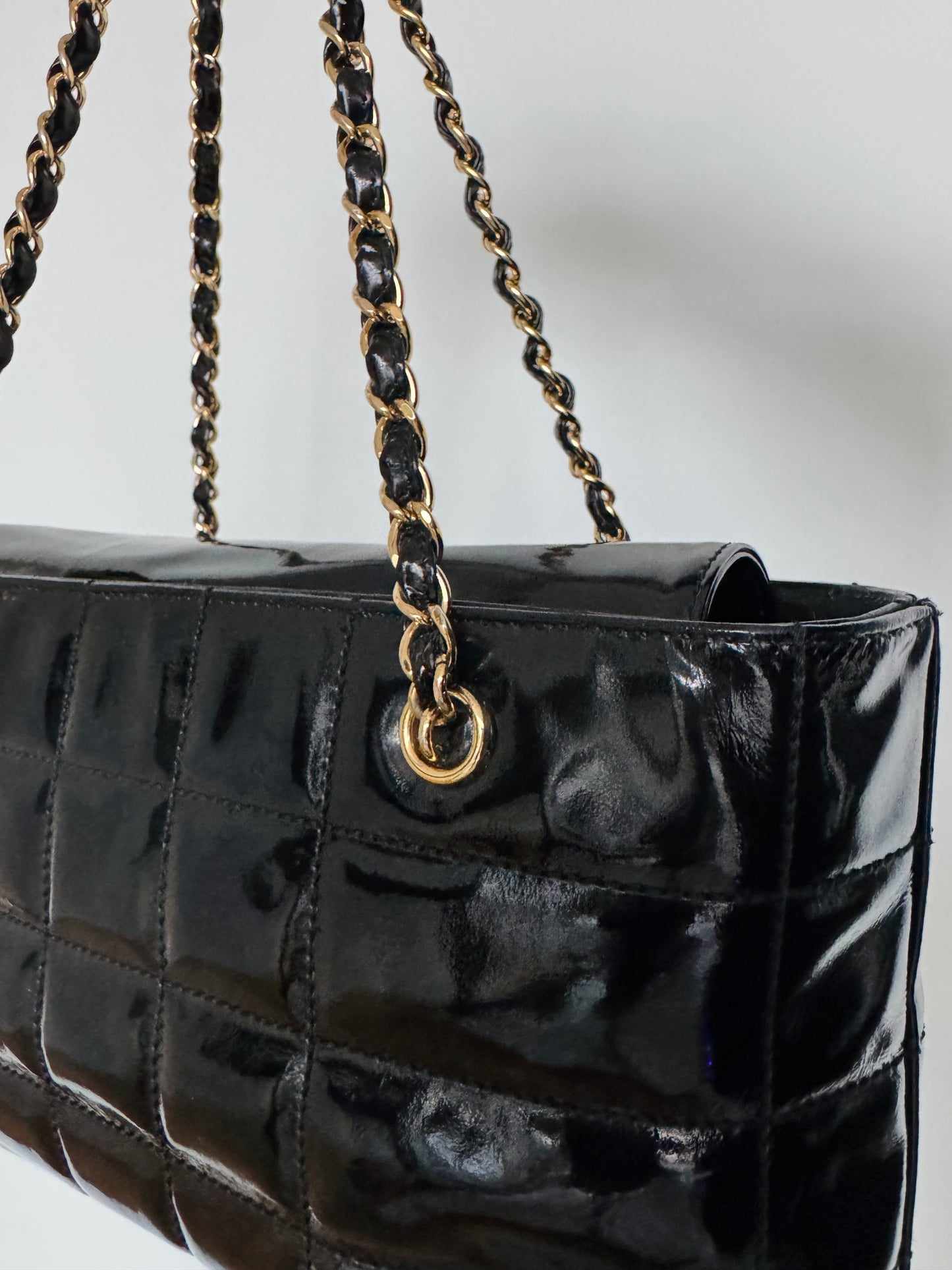 CHANEL Chocolate Bar Black Patent Quilted Leather Bag