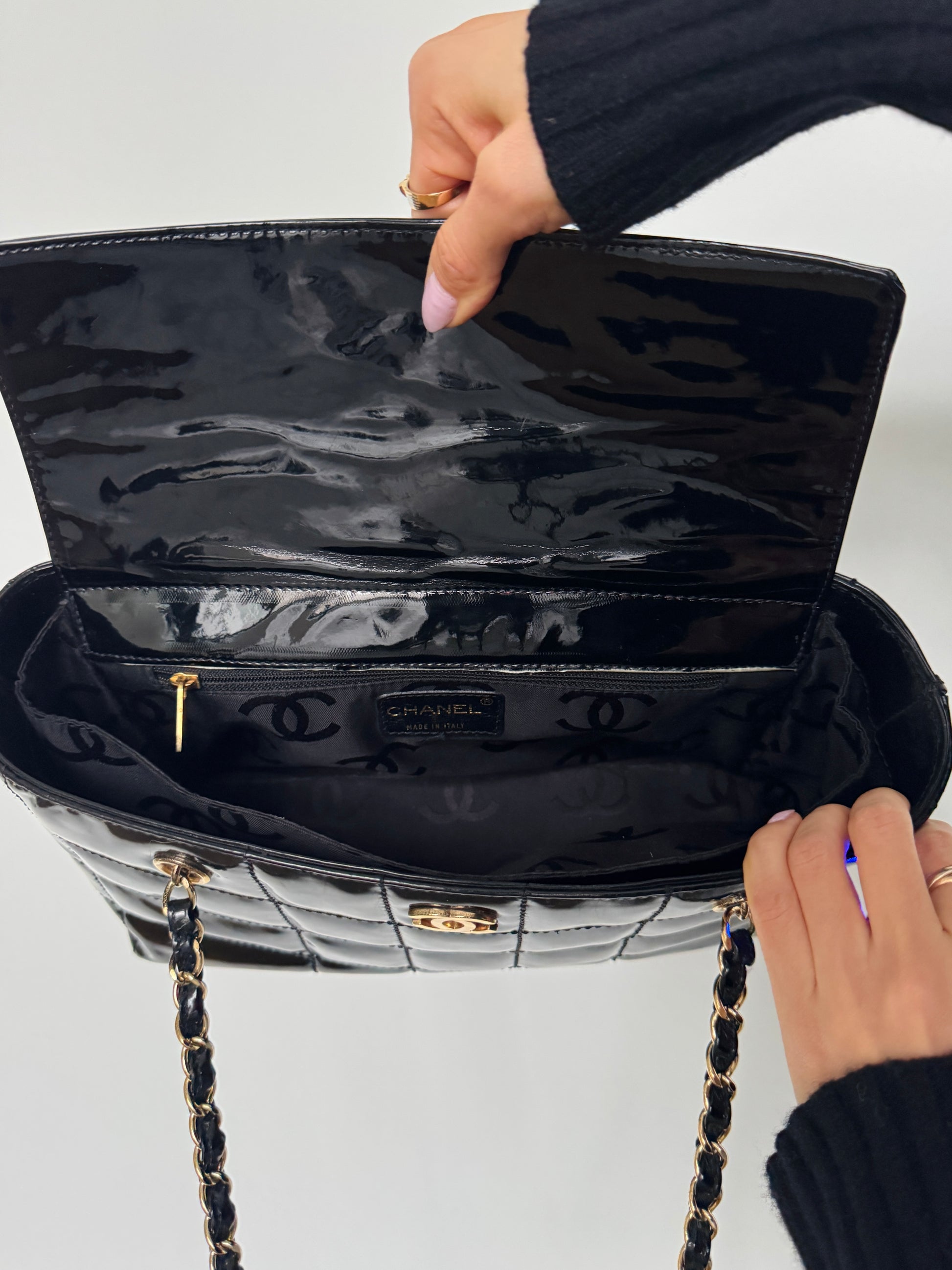 CHANEL Chocolate Bar Black Patent Quilted Leather Bag