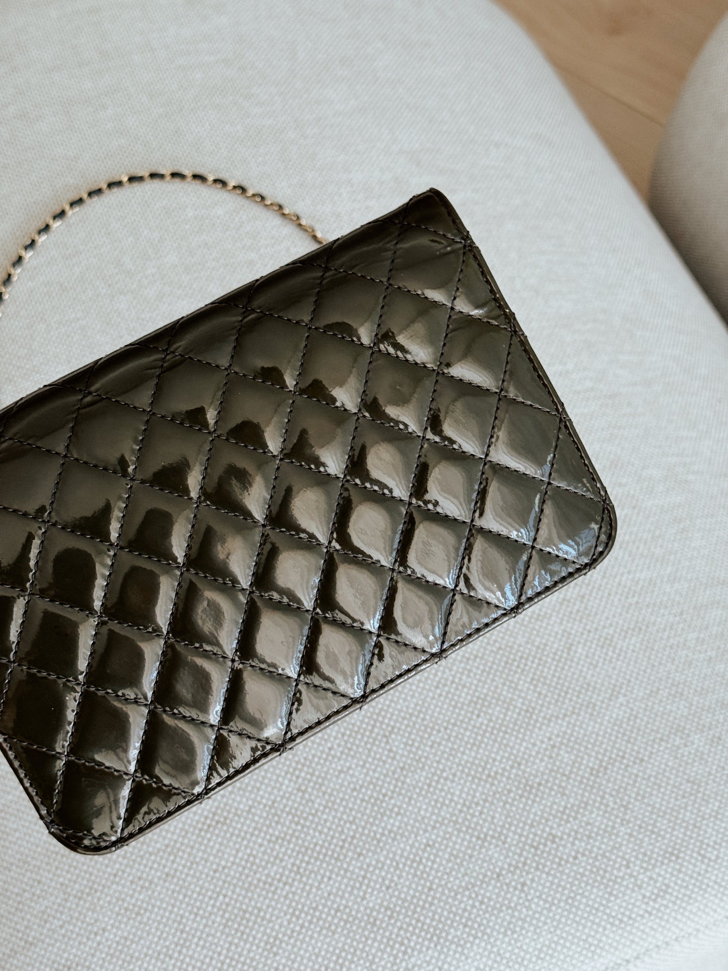 CHANEL East/West Flap Bag Wallet On Chain in Dark Green Quilted Patent Leather