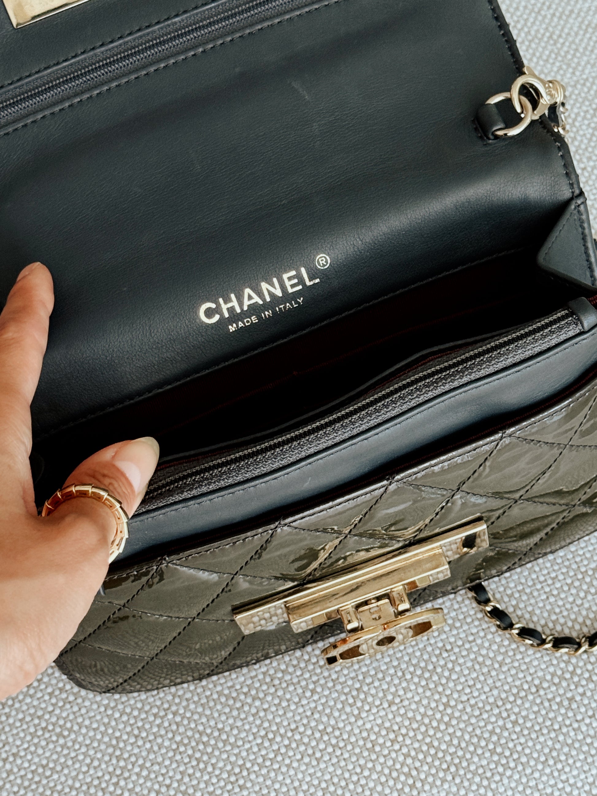 CHANEL East/West Flap Bag Wallet On Chain in Dark Green Quilted Patent Leather