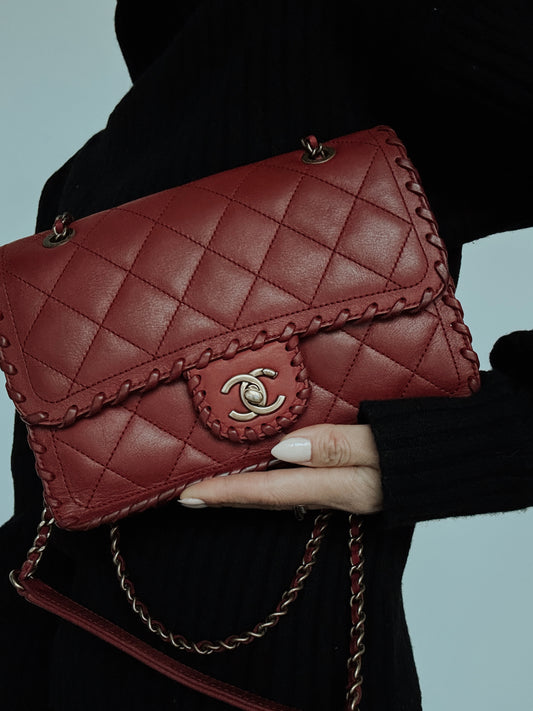 CHANEL Happy Stitch Quilted Red Calfskin Leather Shoulder Bag 