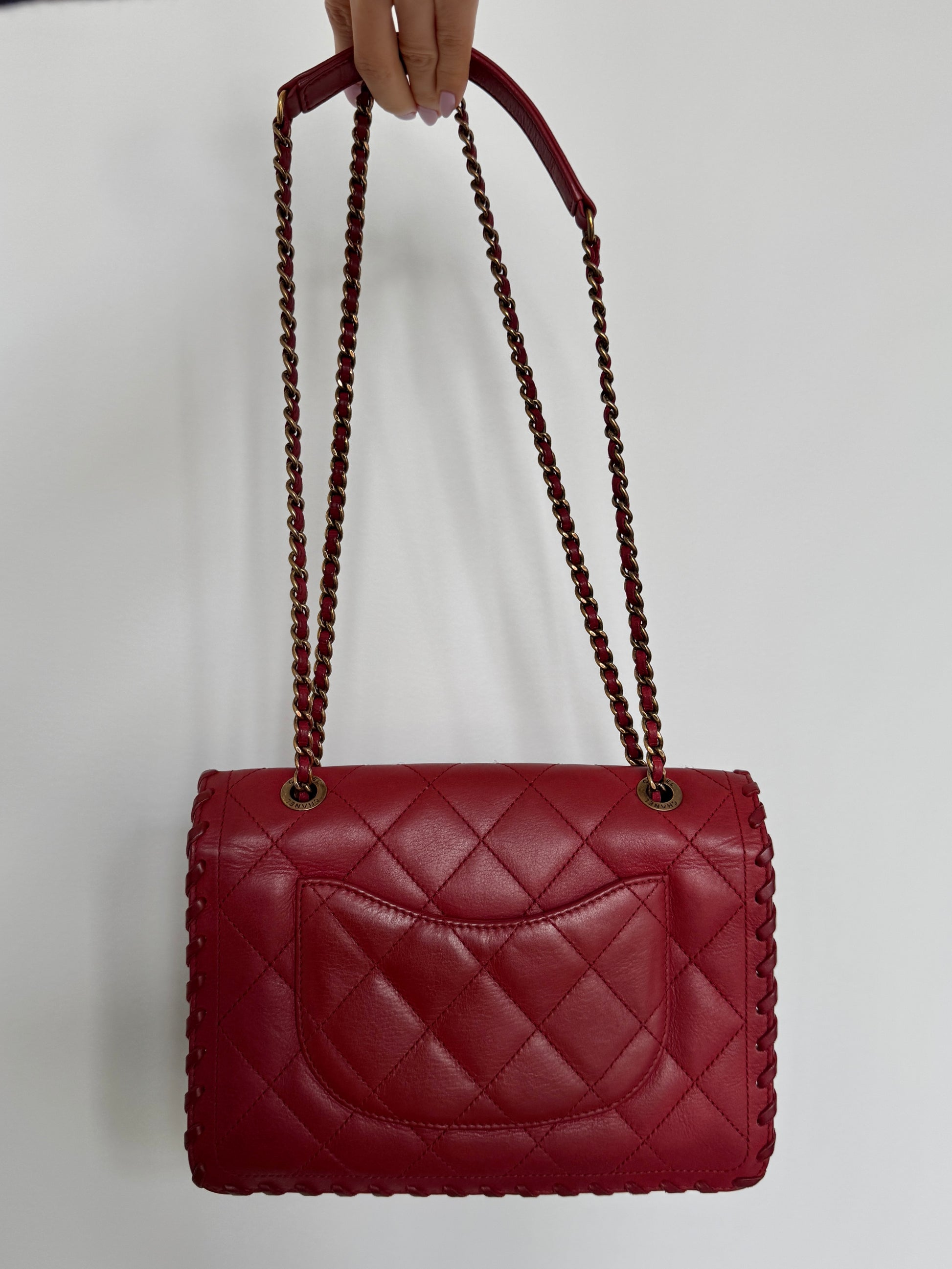 CHANEL Happy Stitch Quilted Red Calfskin Leather Shoulder Bag