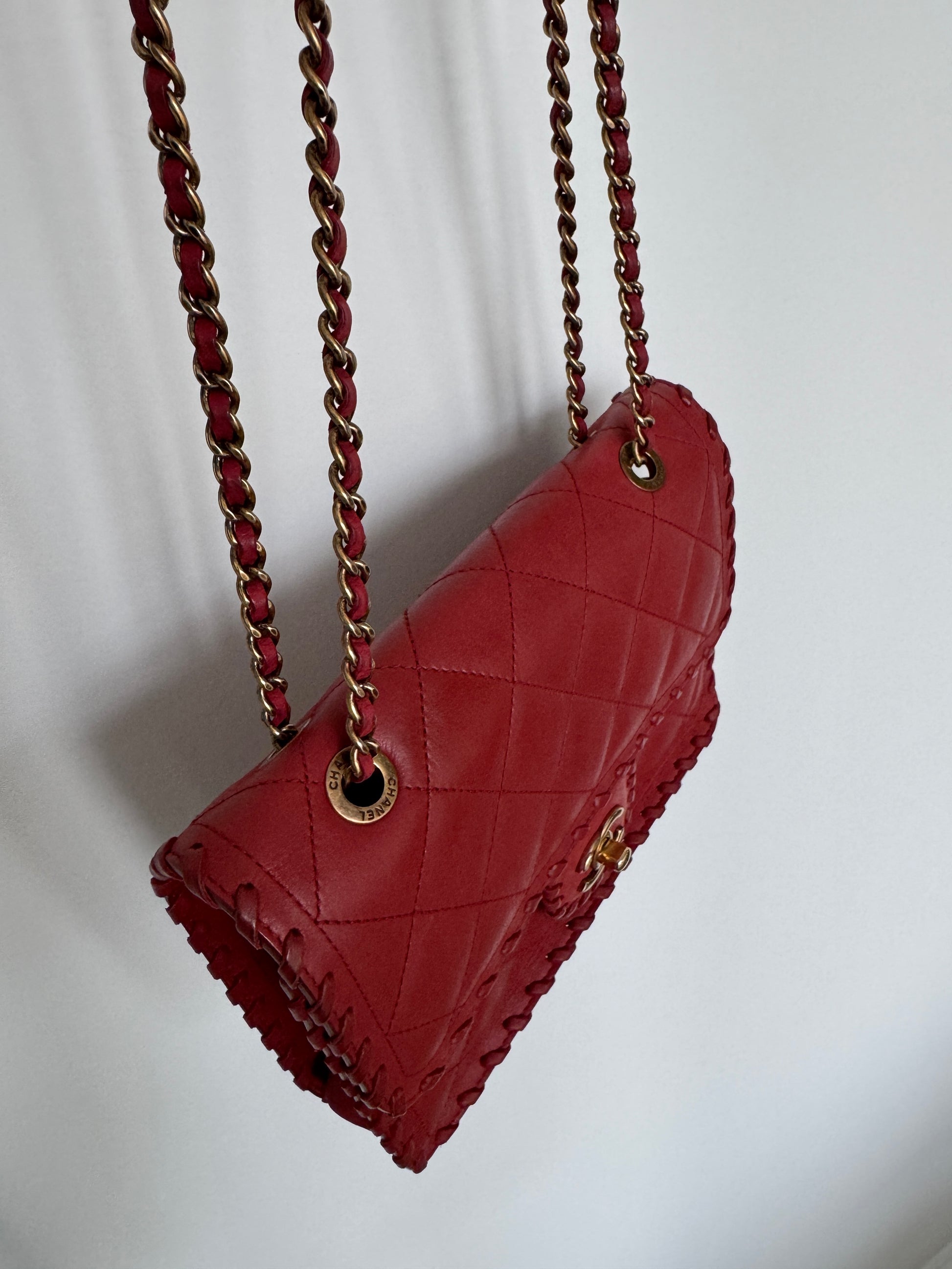 CHANEL Happy Stitch Quilted Red Calfskin Leather Shoulder Bag