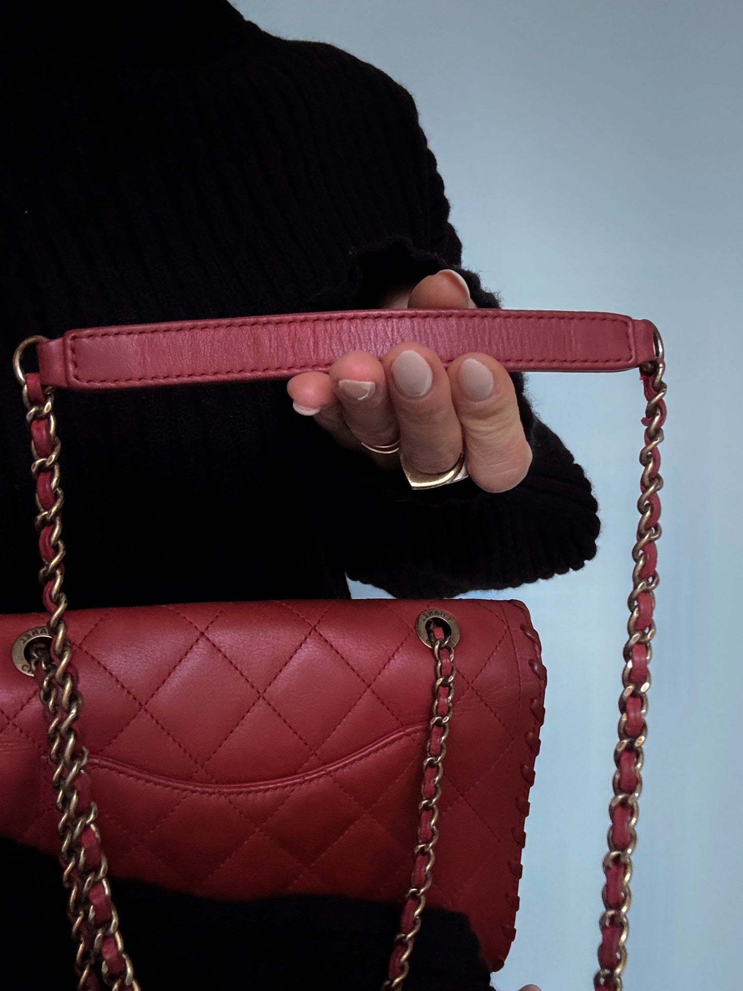 CHANEL Happy Stitch Quilted Red Calfskin Leather Shoulder Bag 