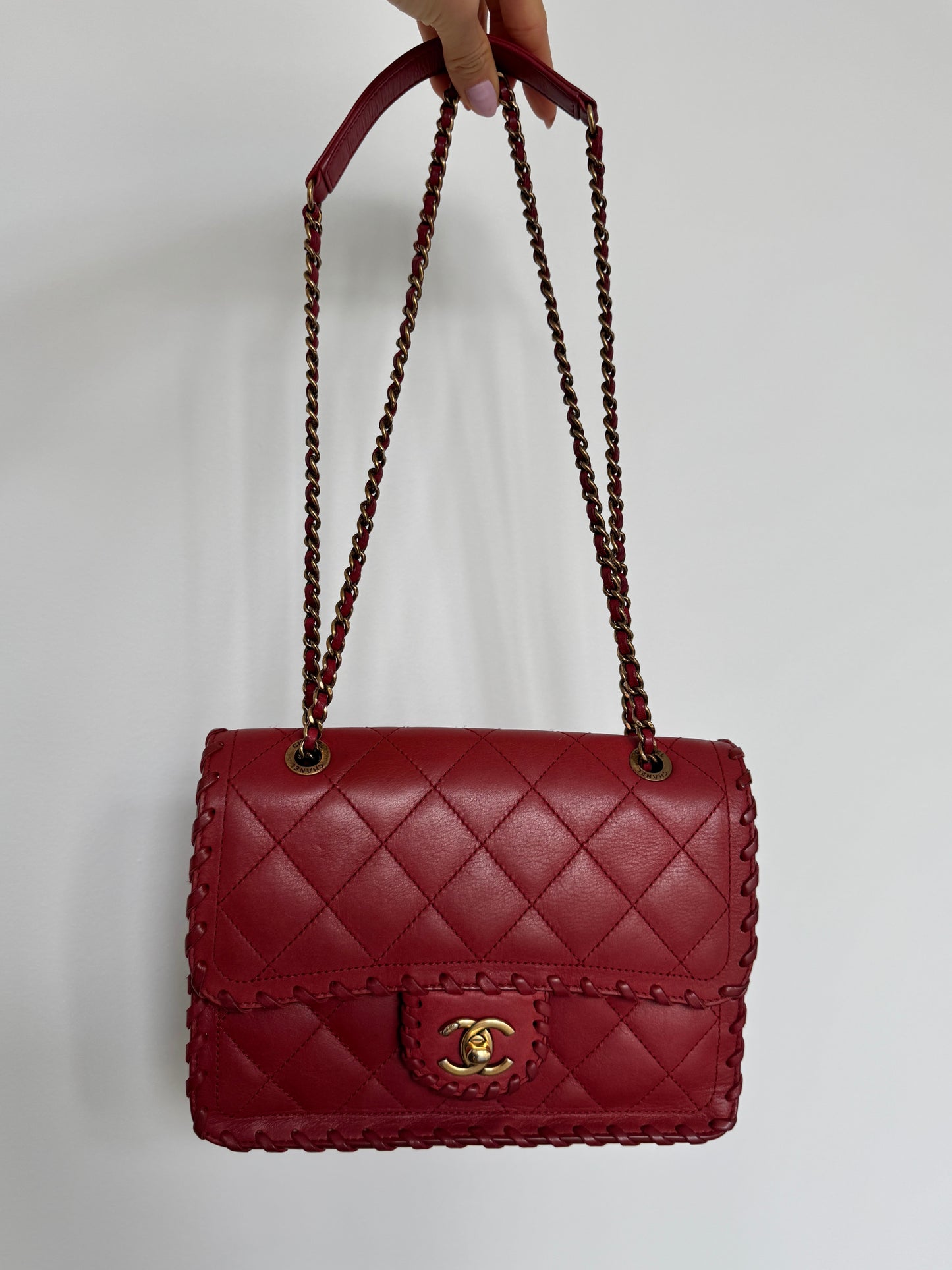 CHANEL Happy Stitch Quilted Red Calfskin Leather Shoulder Bag