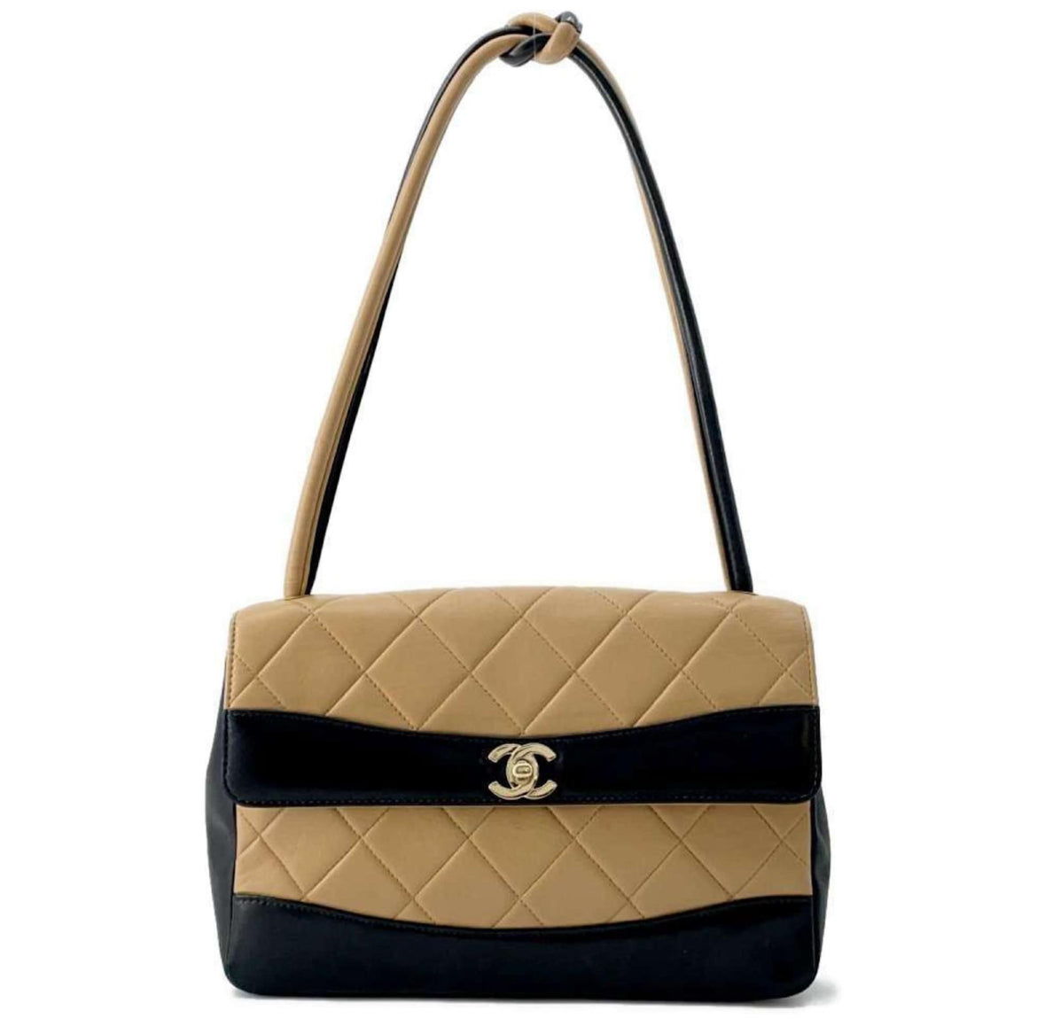 CHANEL Matelassé Tie Knot Bicolor Lambskin Bag in Black and Camel