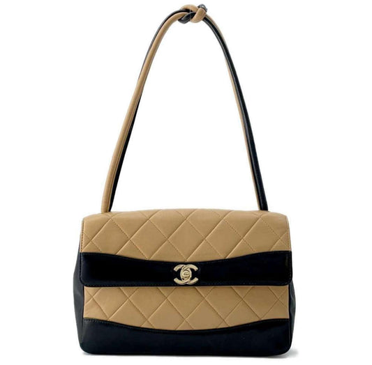 CHANEL Matelassé Tie Knot Bicolor Lambskin Bag in Black and Camel