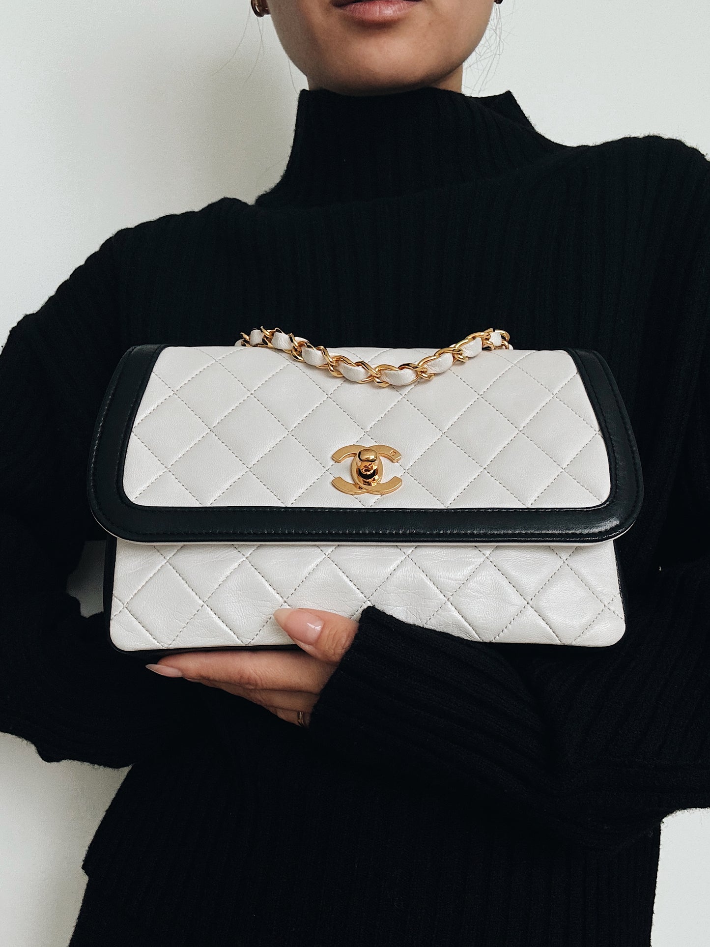 RARE Vintage Chanel Matelassé Medium Black and White Leather Chain Shoulder Bag (1989-1991)