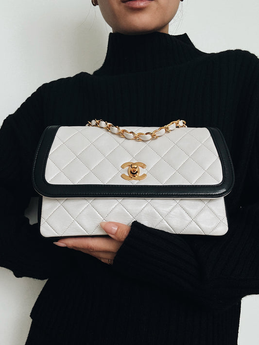 RARE Vintage Chanel Matelassé Medium Black and White Leather Chain Shoulder Bag (1989-1991)
