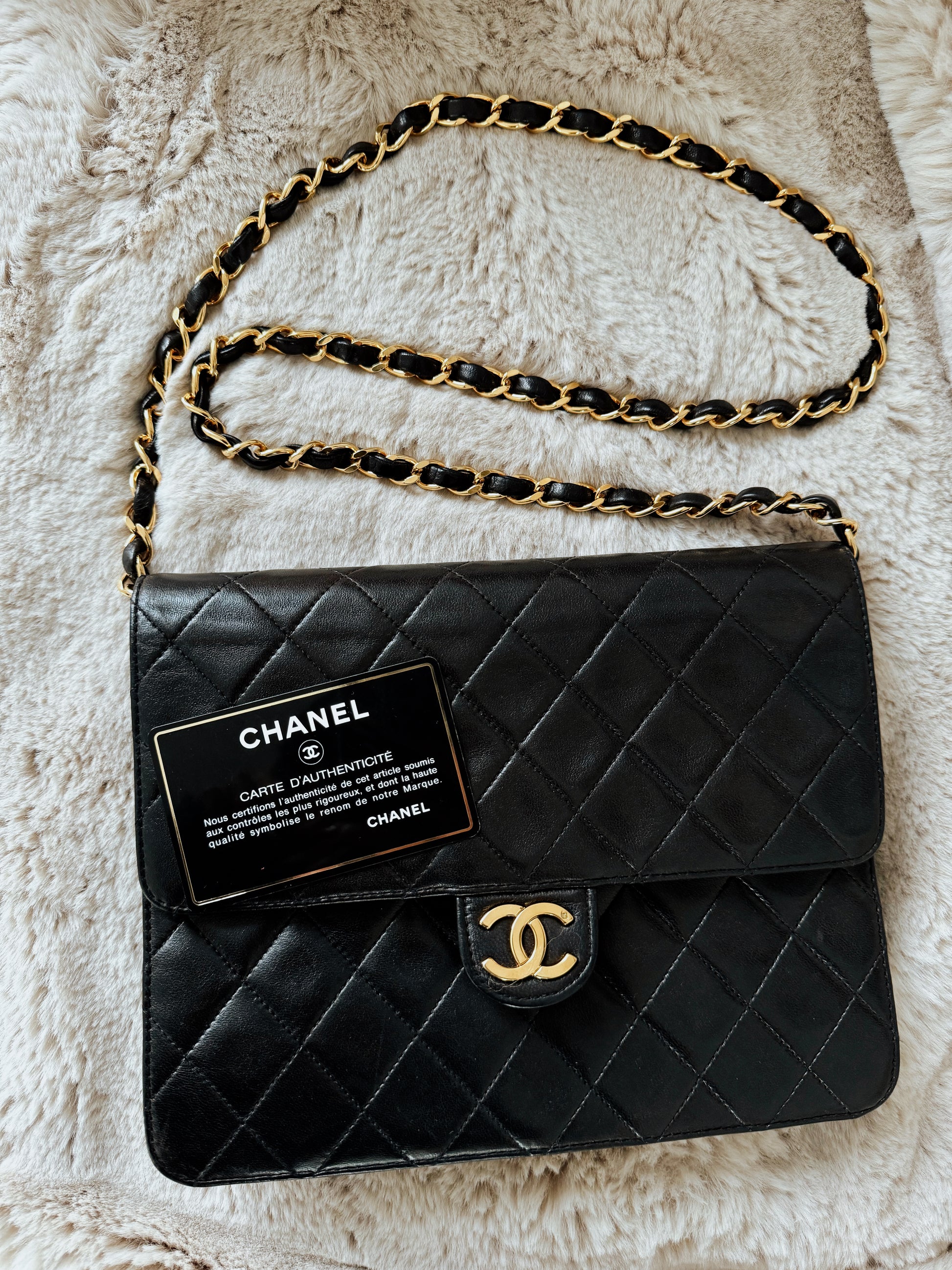 CHANEL Matelasse Quilted Black Lambskin Flap Bag with Gold Hardware 