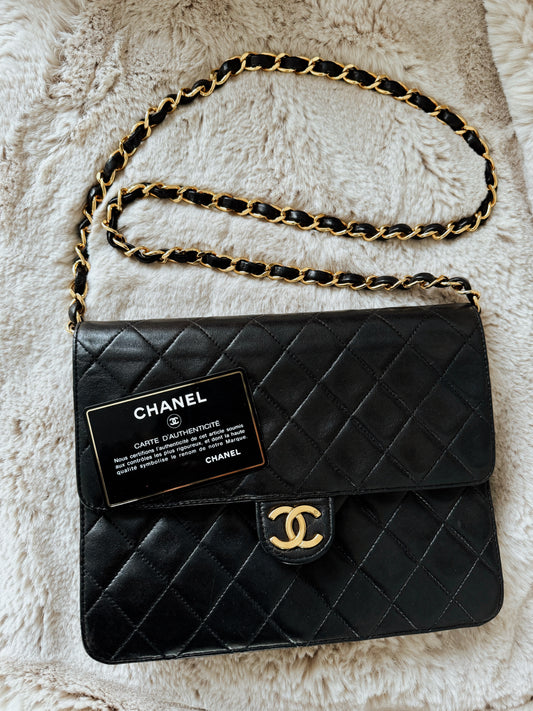 CHANEL Matelasse Quilted Black Lambskin Flap Bag with Gold Hardware 