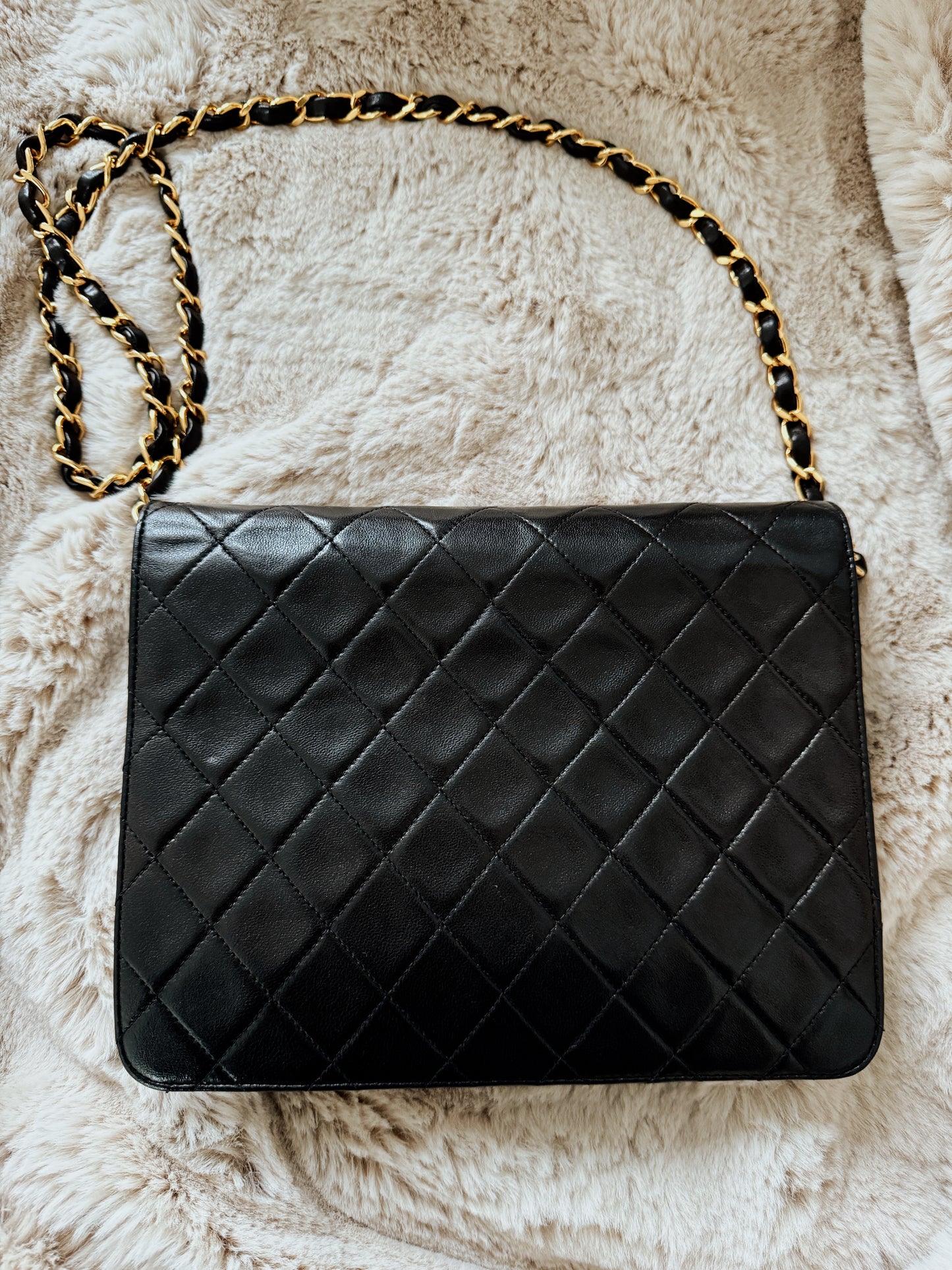 CHANEL Matelasse Quilted Black Lambskin Flap Bag with Gold Hardware 