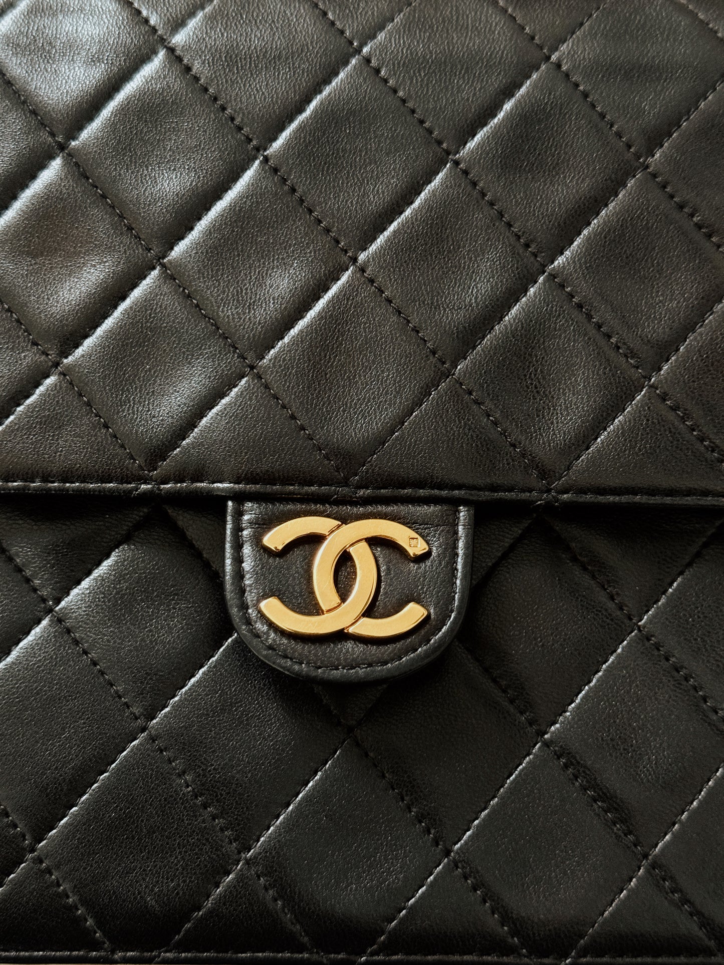 CHANEL Matelasse Quilted Black Lambskin Flap Bag with Gold Hardware 