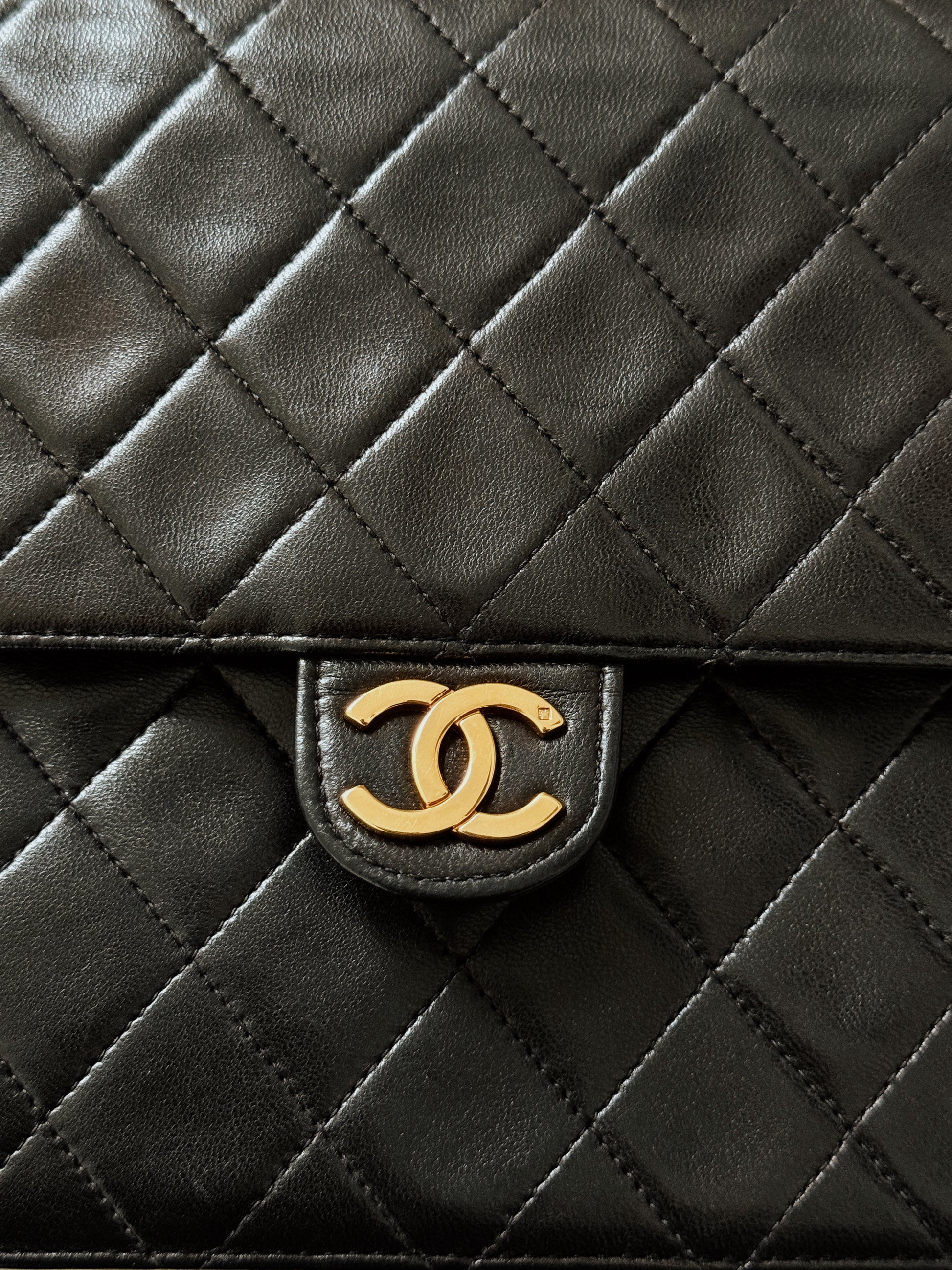 CHANEL Matelasse Quilted Black Lambskin Flap Bag with Gold Hardware 