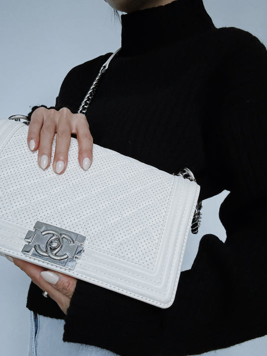 CHANEL Medium Boy Bag in White Perforated Lambskin Leather