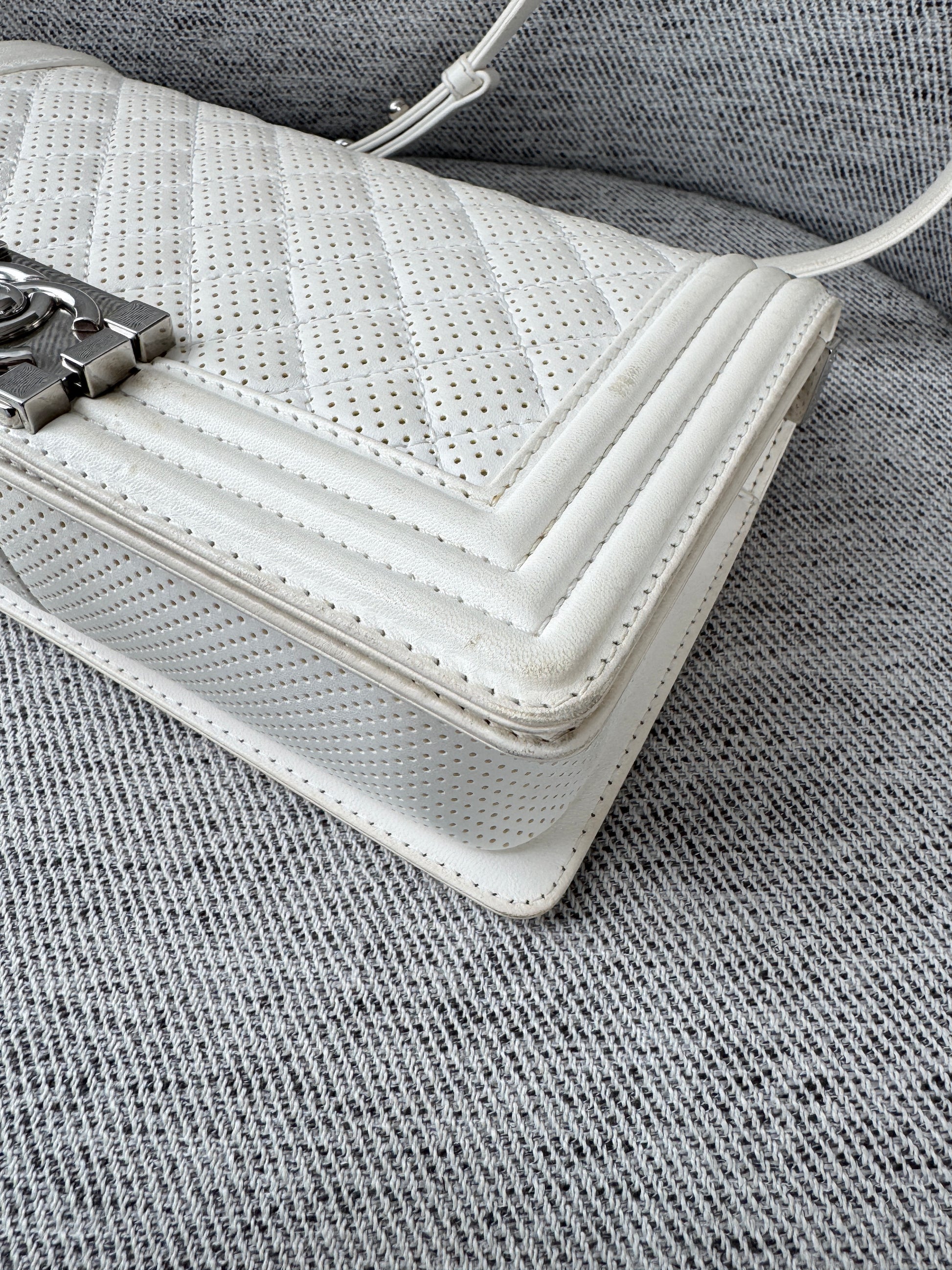 CHANEL Medium Boy Bag in White Perforated Lambskin Leather 