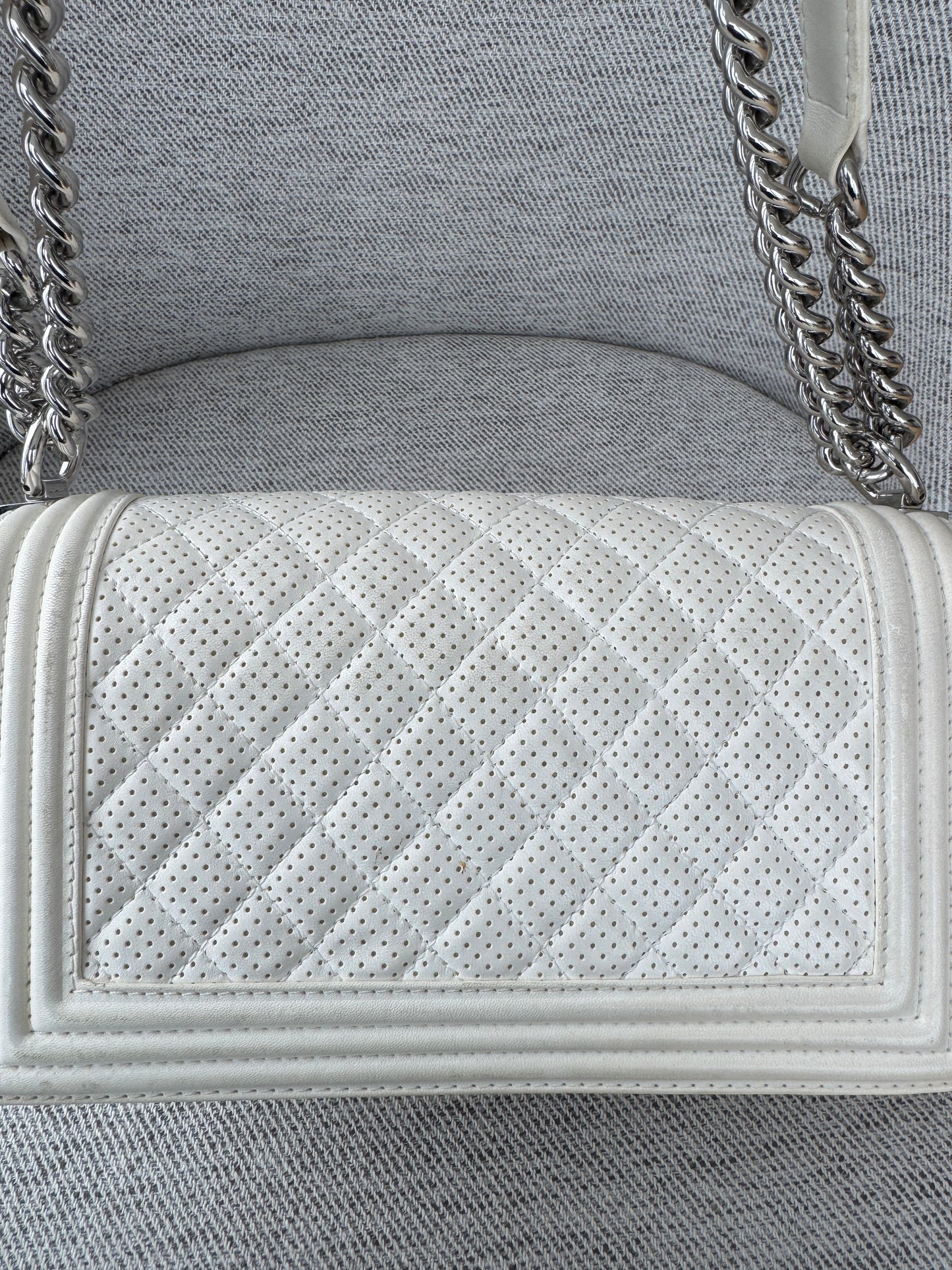 CHANEL Medium Boy Bag in White Perforated Lambskin Leather 
