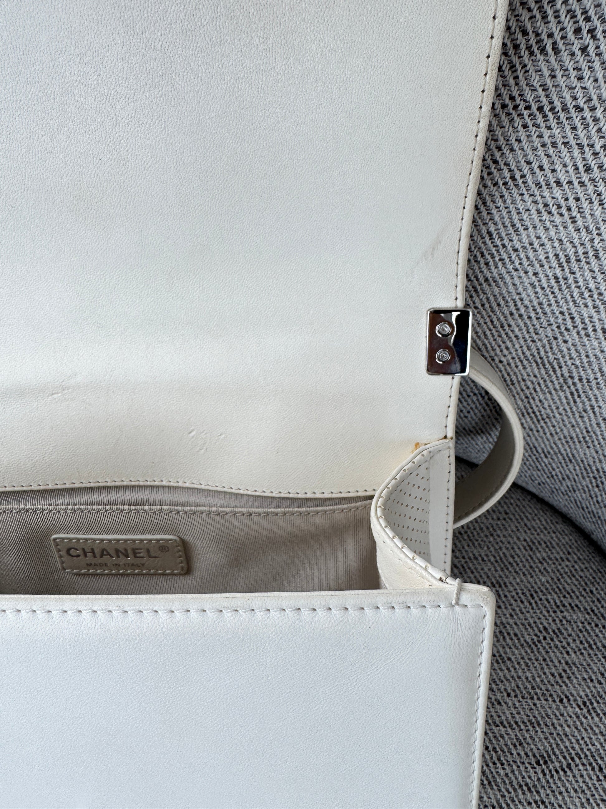 CHANEL Medium Boy Bag in White Perforated Lambskin Leather 