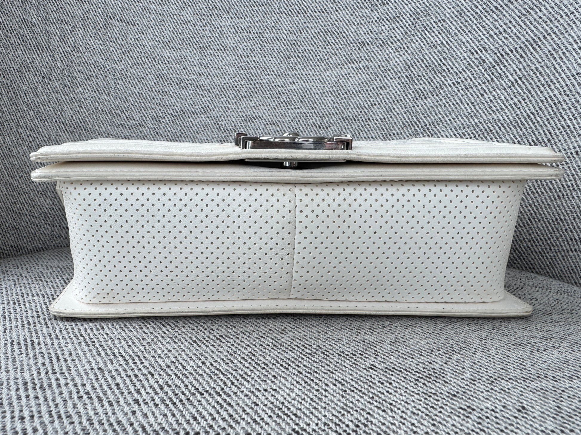 CHANEL Medium Boy Bag in White Perforated Lambskin Leather 