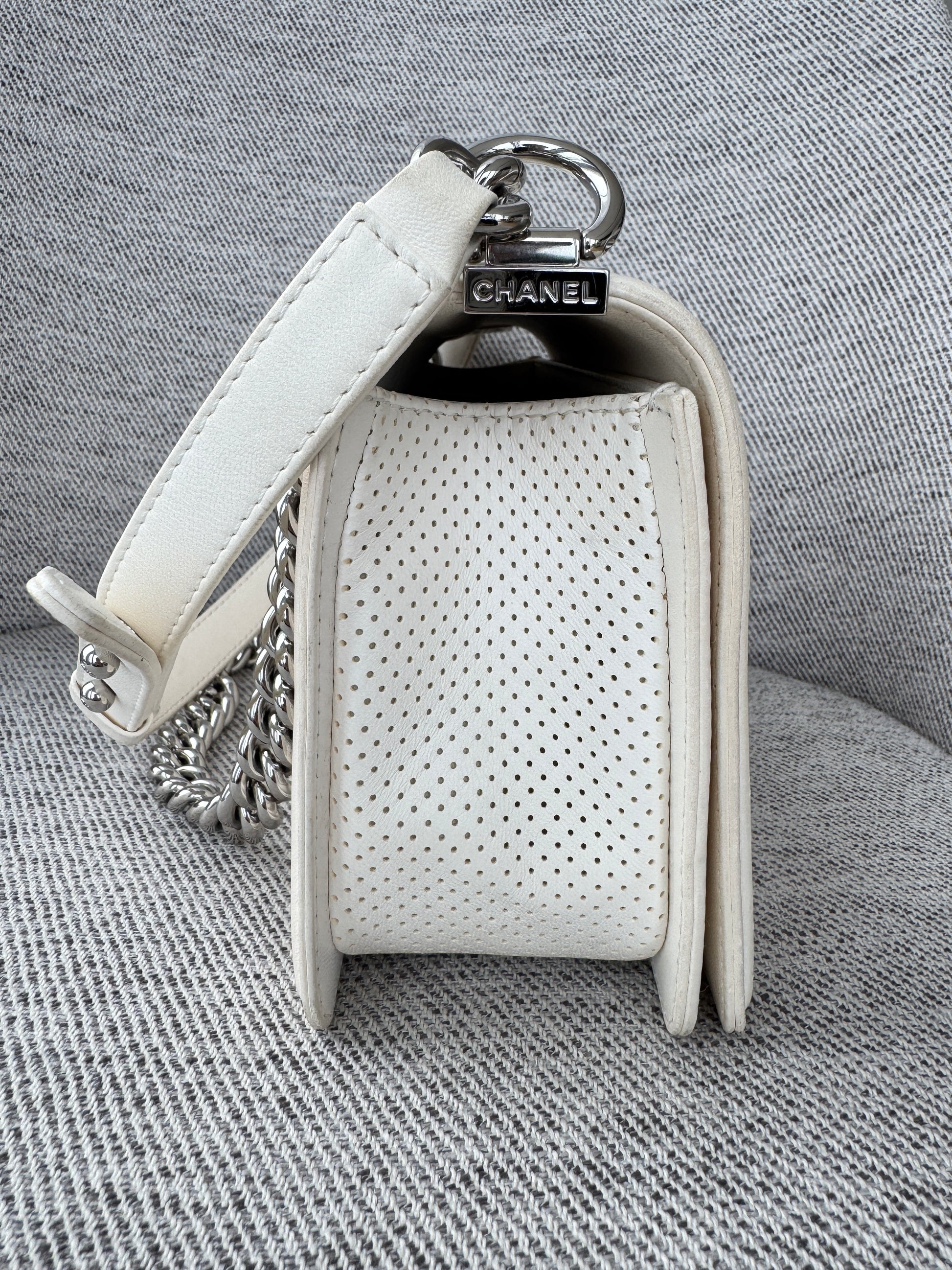 CHANEL Medium Boy Bag in White Perforated Lambskin Leather 
