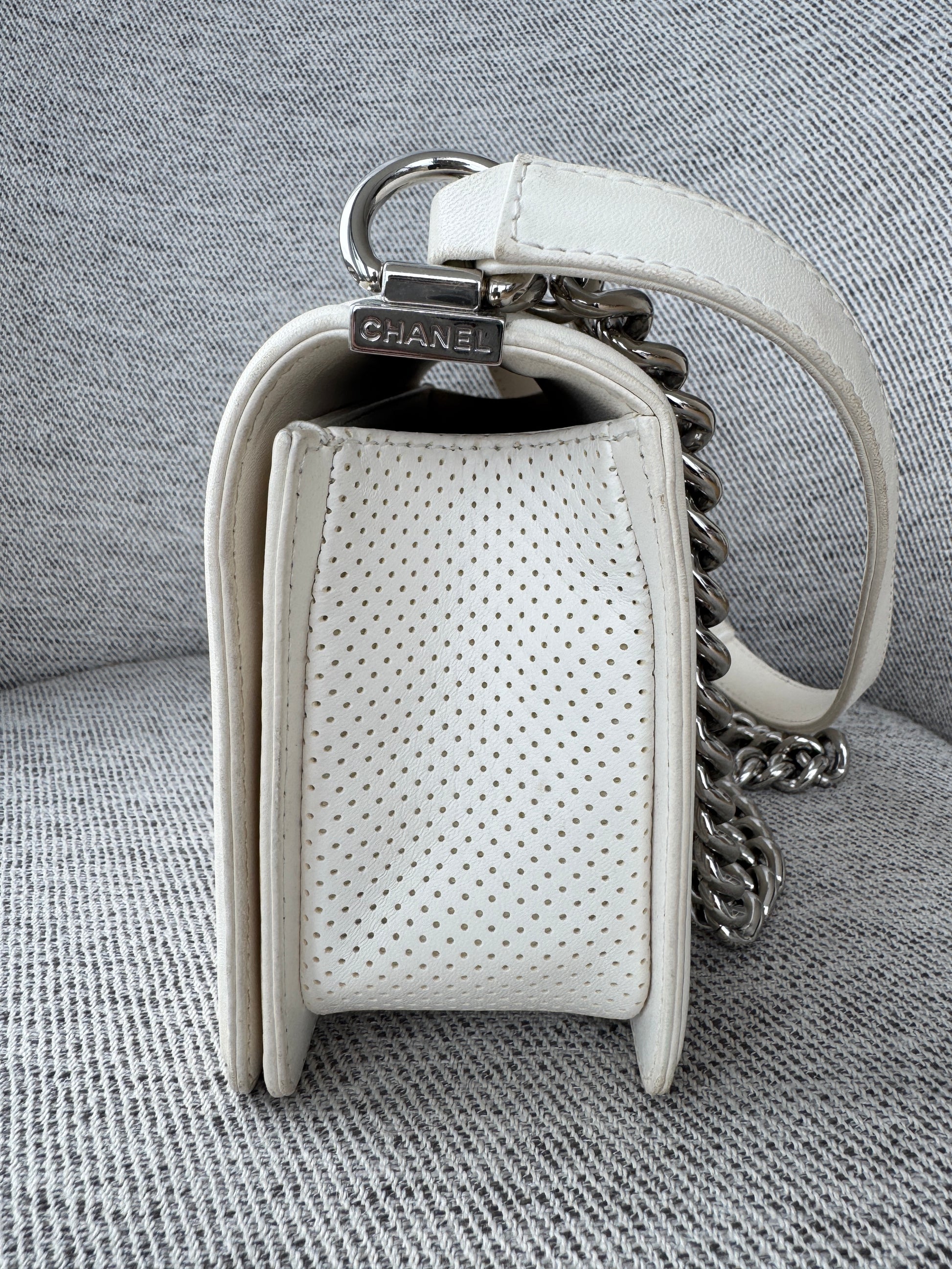 CHANEL Medium Boy Bag in White Perforated Lambskin Leather 
