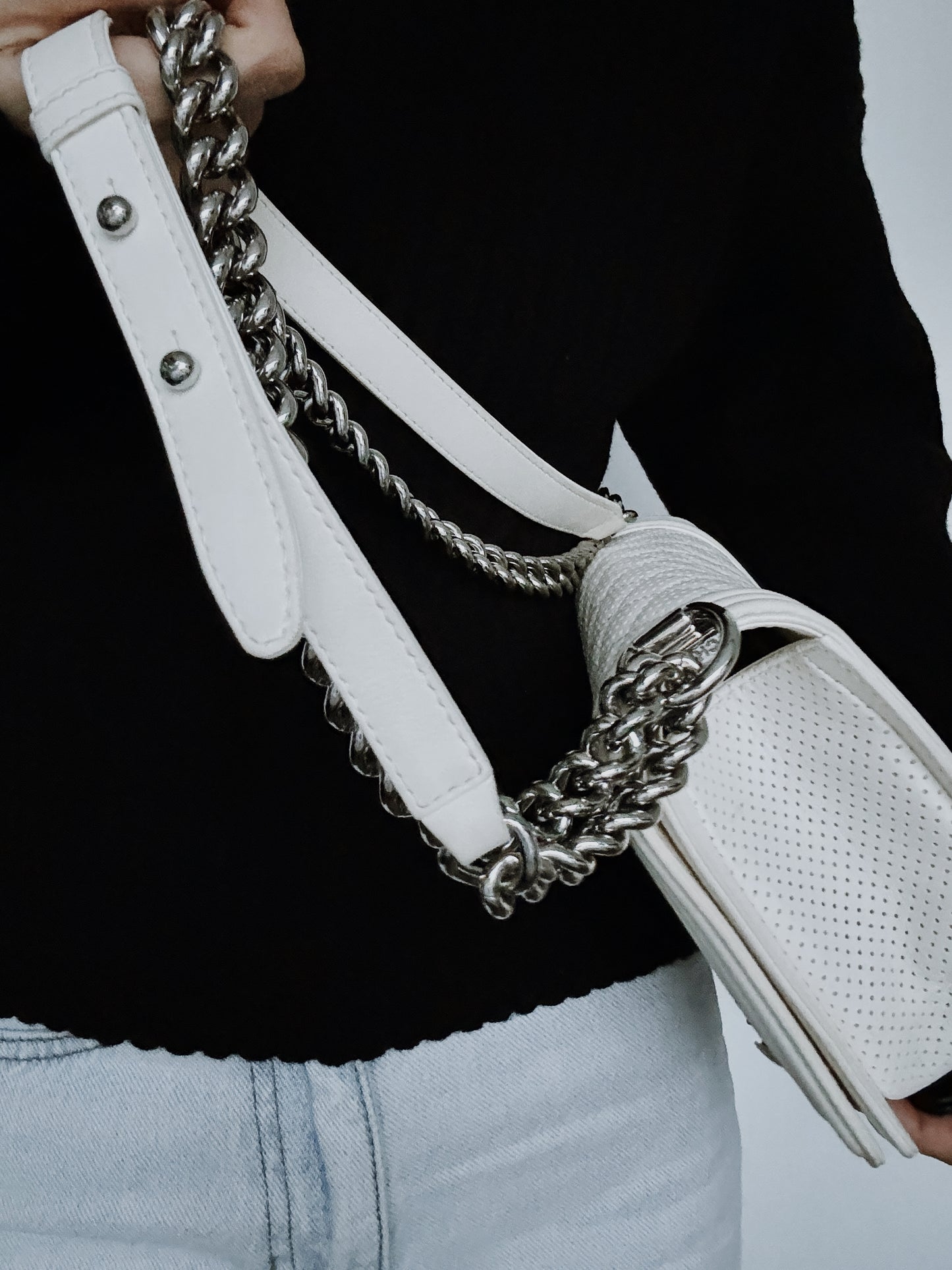 CHANEL Medium Boy Bag in White Perforated Lambskin Leather 2