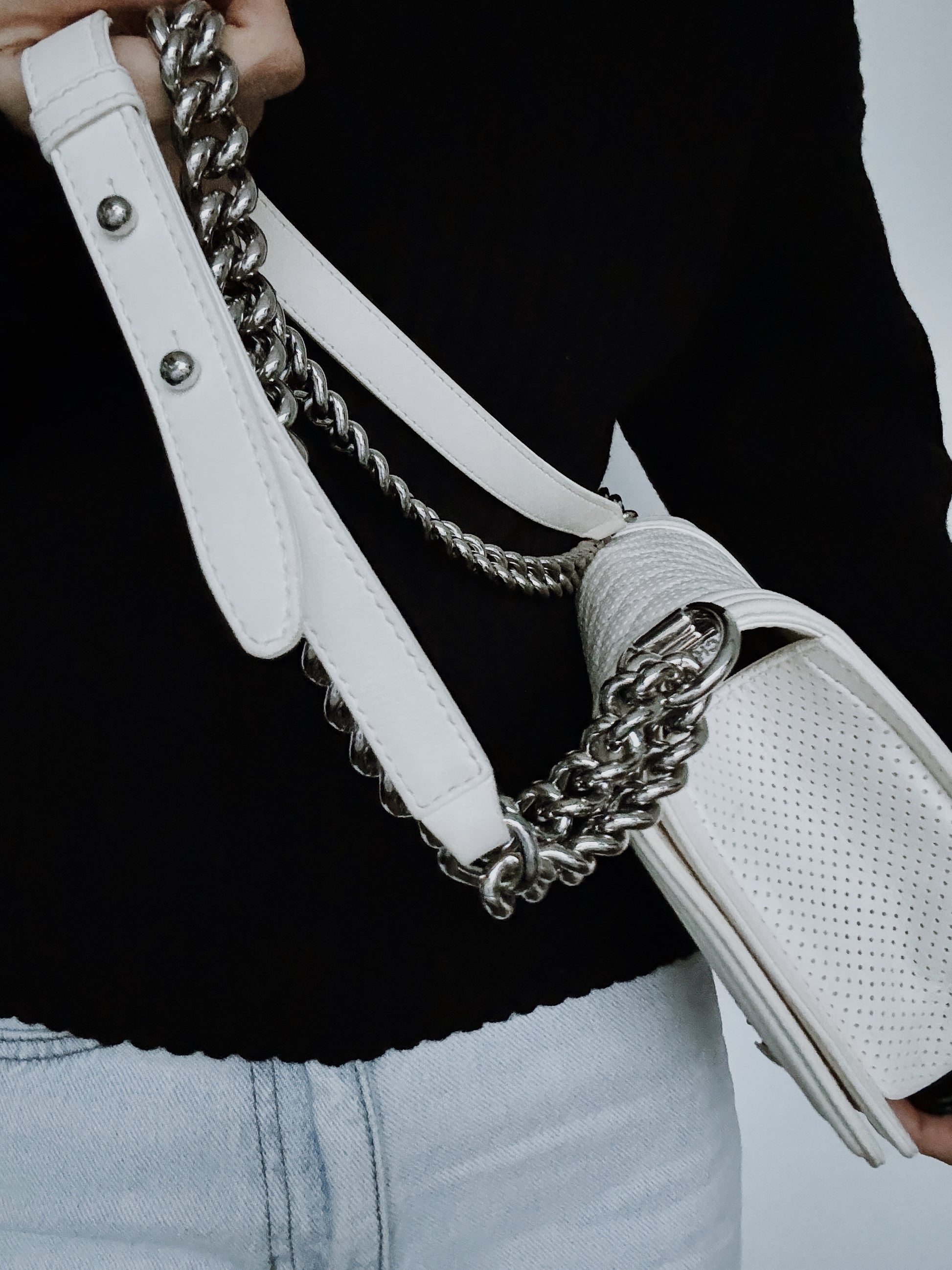 CHANEL Medium Boy Bag in White Perforated Lambskin Leather 2