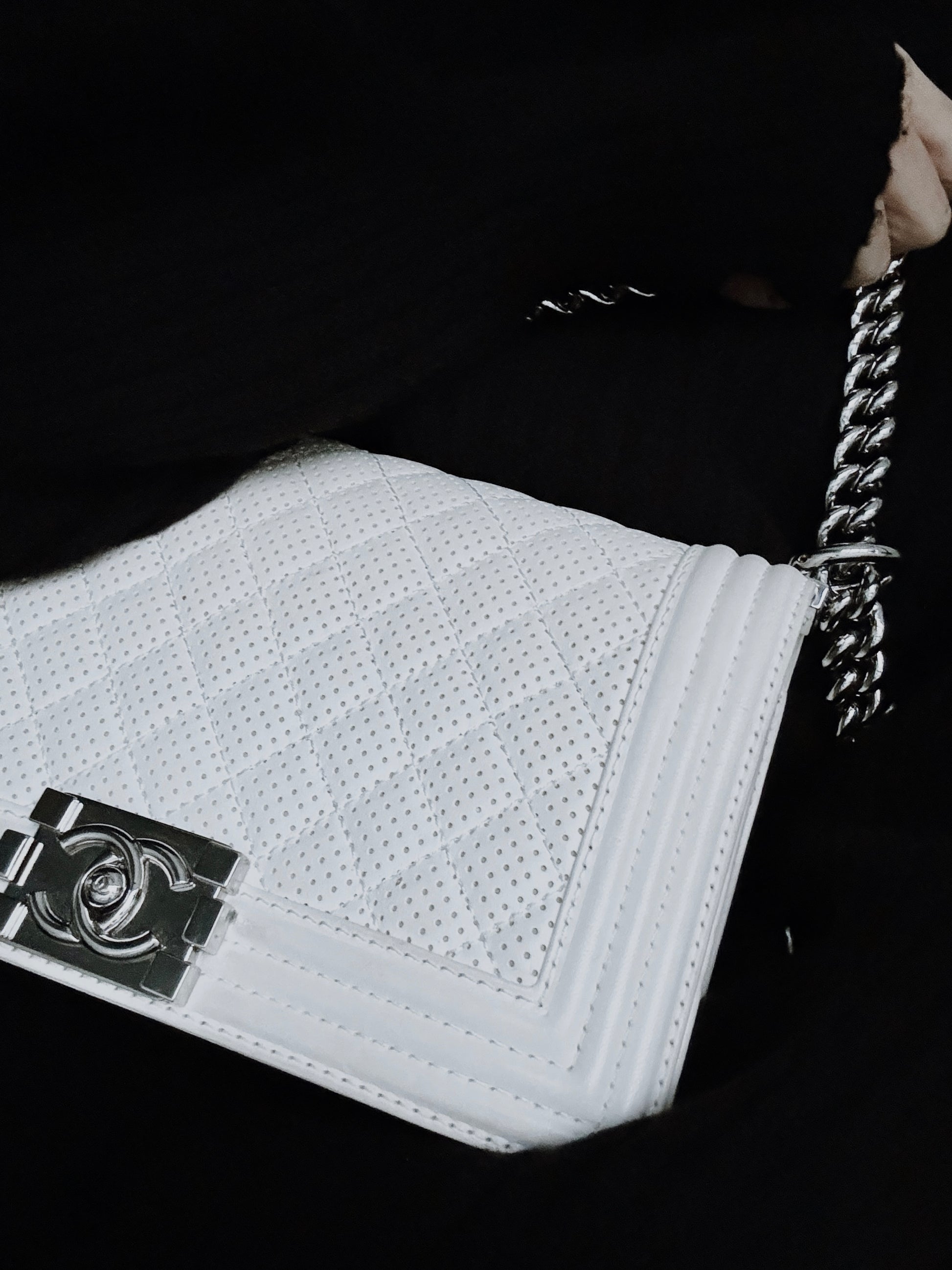 CHANEL Medium Boy Bag in White Perforated Lambskin Leather 3