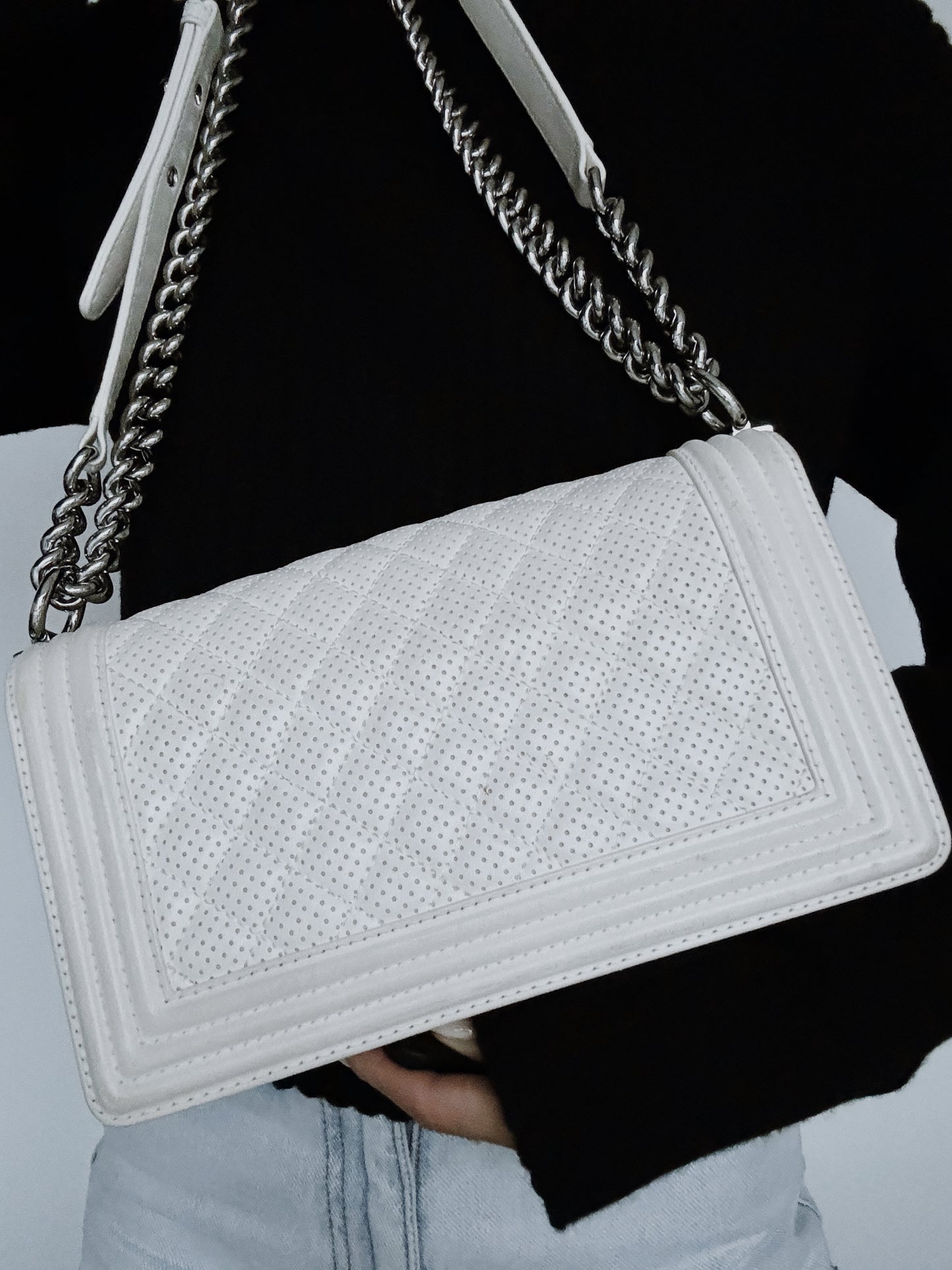 CHANEL Medium Boy Bag in White Perforated Lambskin Leather 4